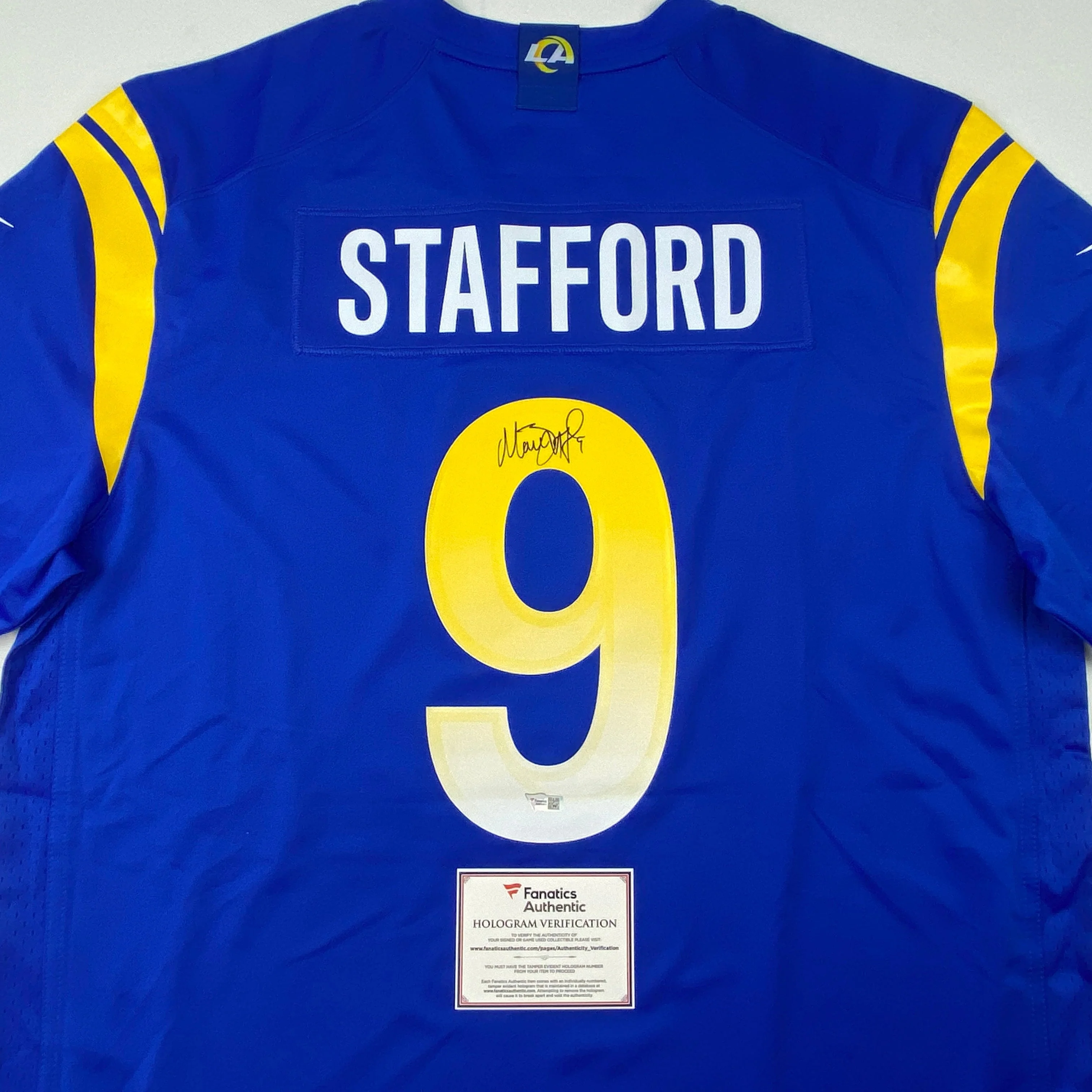 Autographed/Signed Matthew Stafford Los Angeles Rams Blue Authentic Nike Game Super Bowl LVI Football Jersey Fanatics COA - Image 2