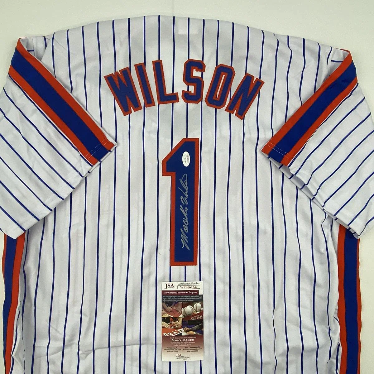 Autographed/Signed Mookie Wilson New York Pinstripe Baseball Jersey JSA COA - Image 2