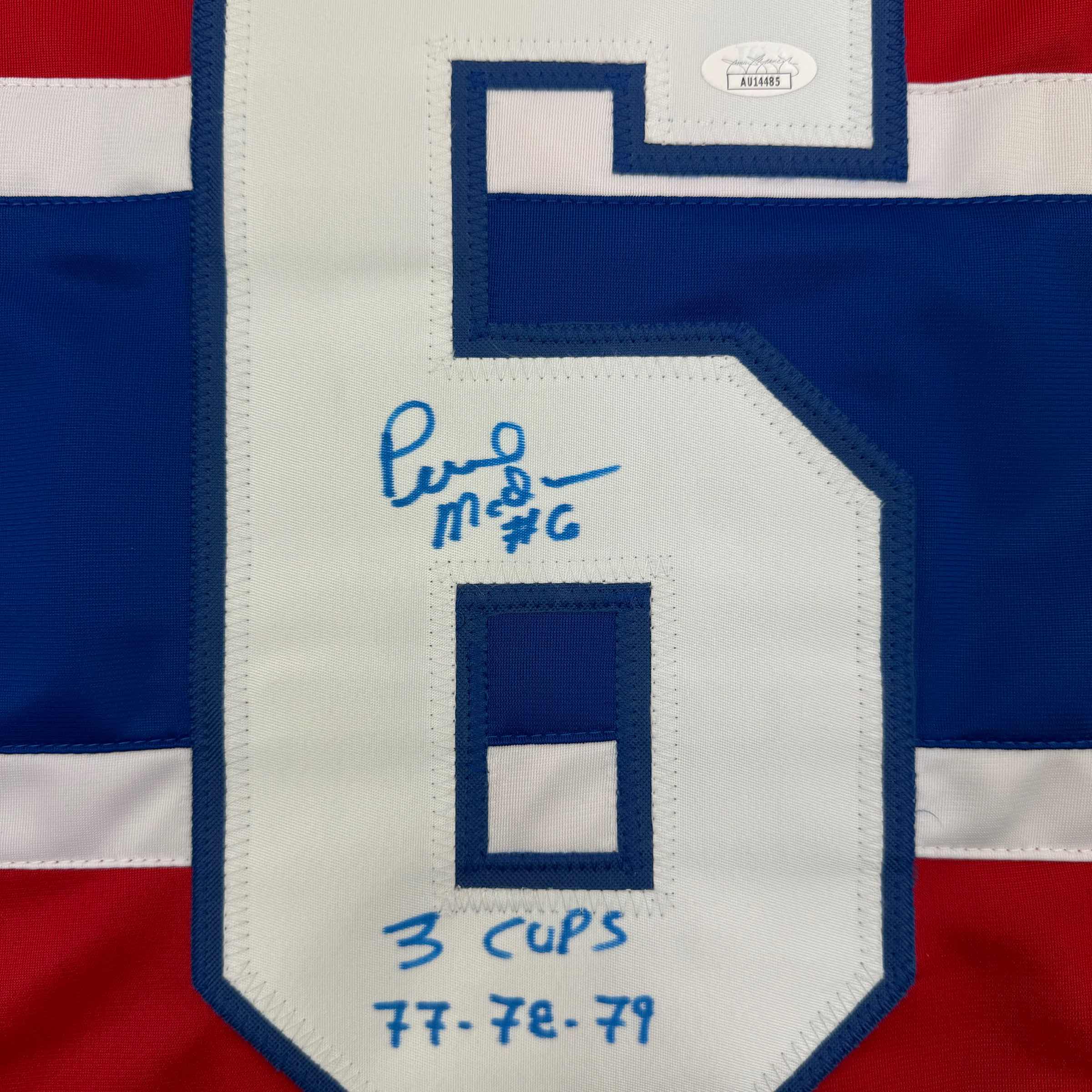 Autographed/Signed Pierre Mondou "3 Cups 77-78-79" Montreal Red Hockey Jersey JSA COA - Image 3