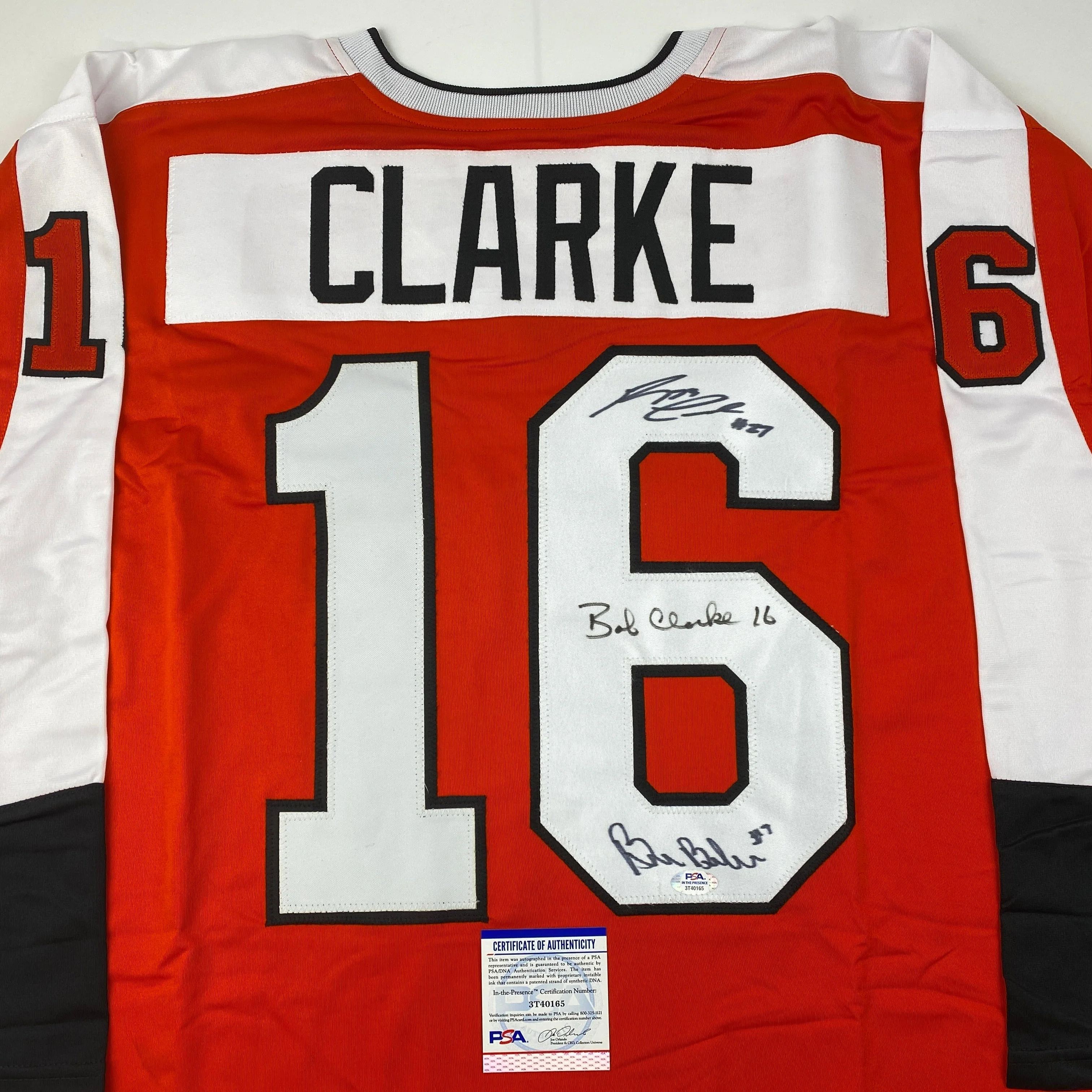 Autographed/Signed Reggie Leach, Bobby Clarke & Bill Barber Philadelphia Orange Hockey Jersey PSA/DNA COA - Image 2