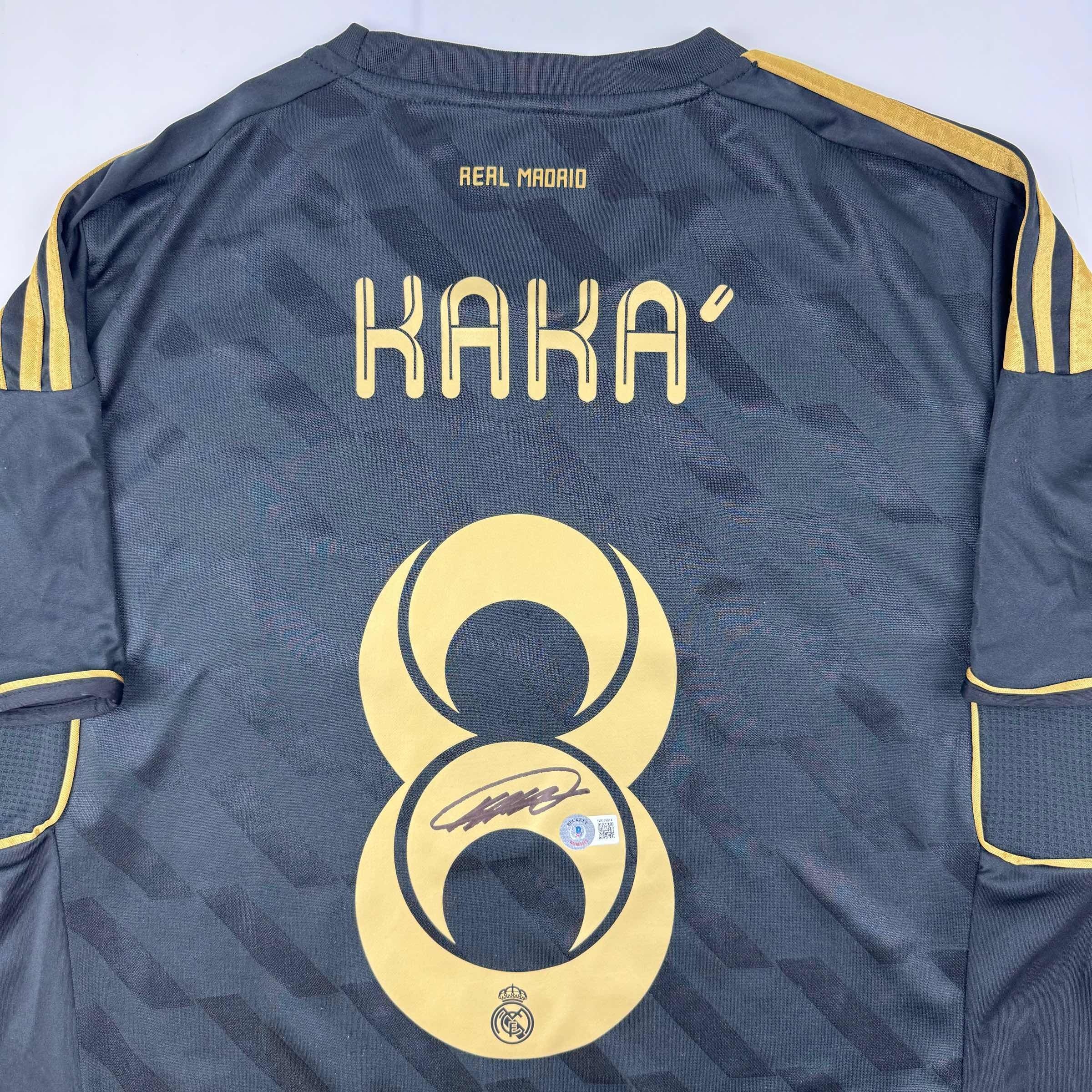 Autographed/Signed Ricardo Kaka Real Madrid Black Retro Soccer Futbol Jersey Beckett BAS COA - Image 2