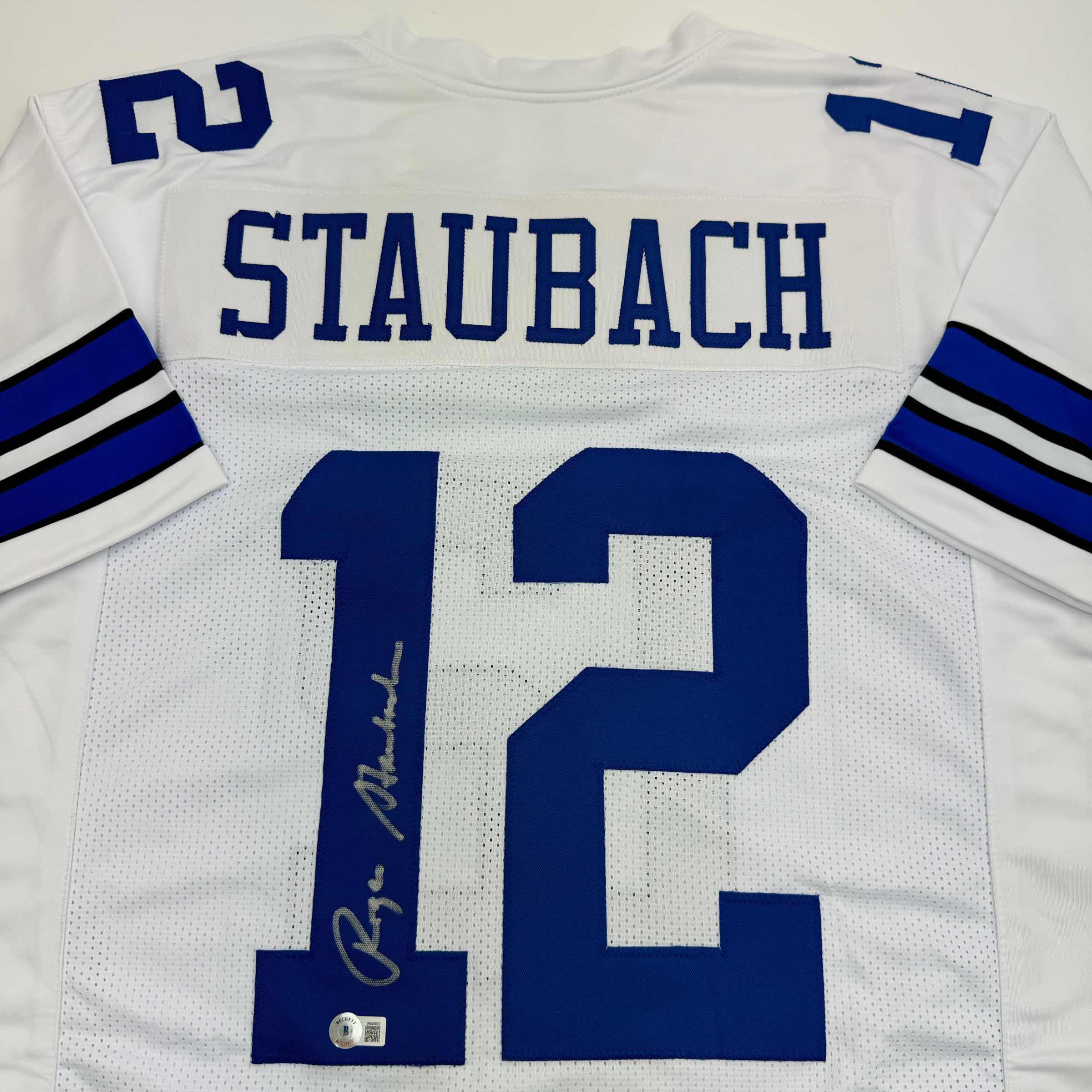 Autographed/Signed Roger Staubach Dallas White Football Jersey Beckett BAS COA - Image 2