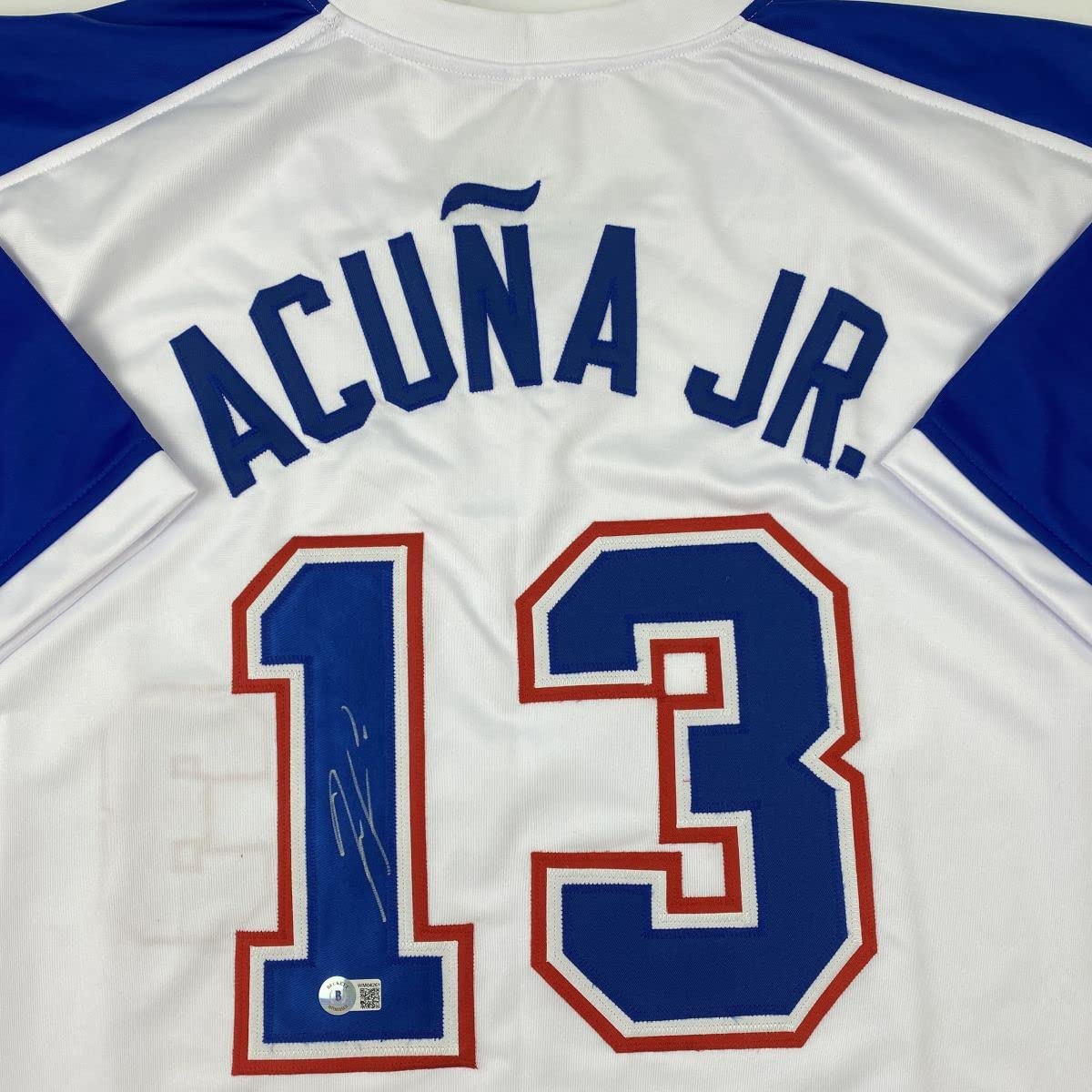 Autographed/Signed Ronald Acuna Jr. Atlanta White Retro Baseball Jersey Beckett BAS COA - Image 2