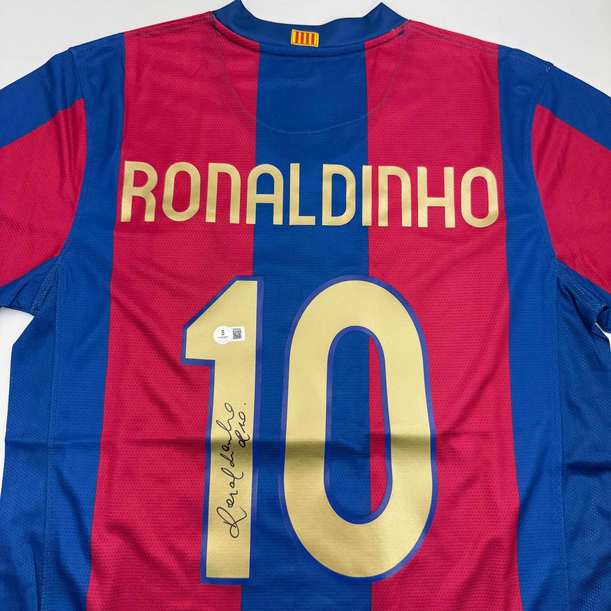 Autographed/Signed Ronaldinho Barcelona Blue/Red Soccer Jersey Beckett BAS COA - Image 2