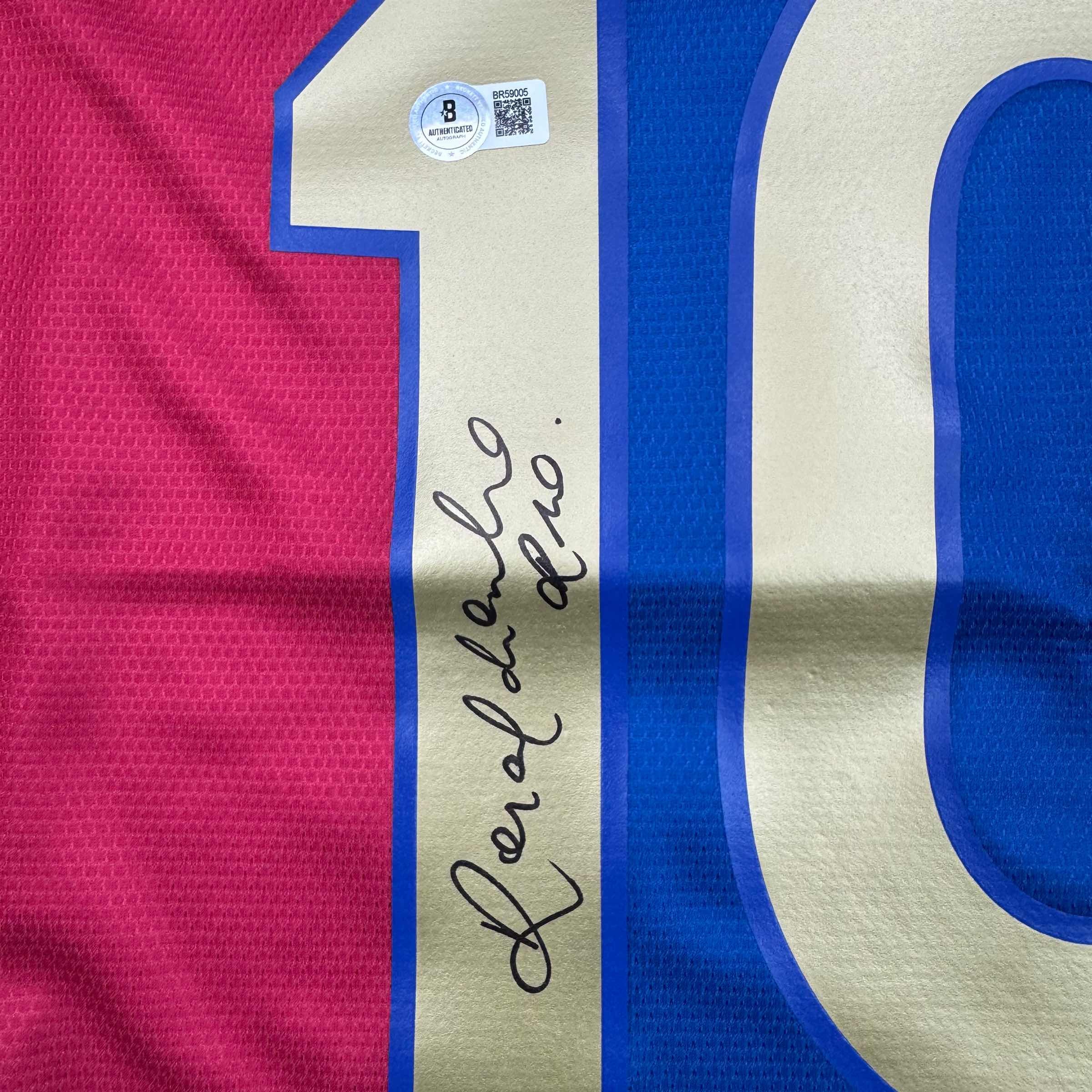 Autographed/Signed Ronaldinho Barcelona Blue/Red Soccer Jersey Beckett BAS COA - Image 3