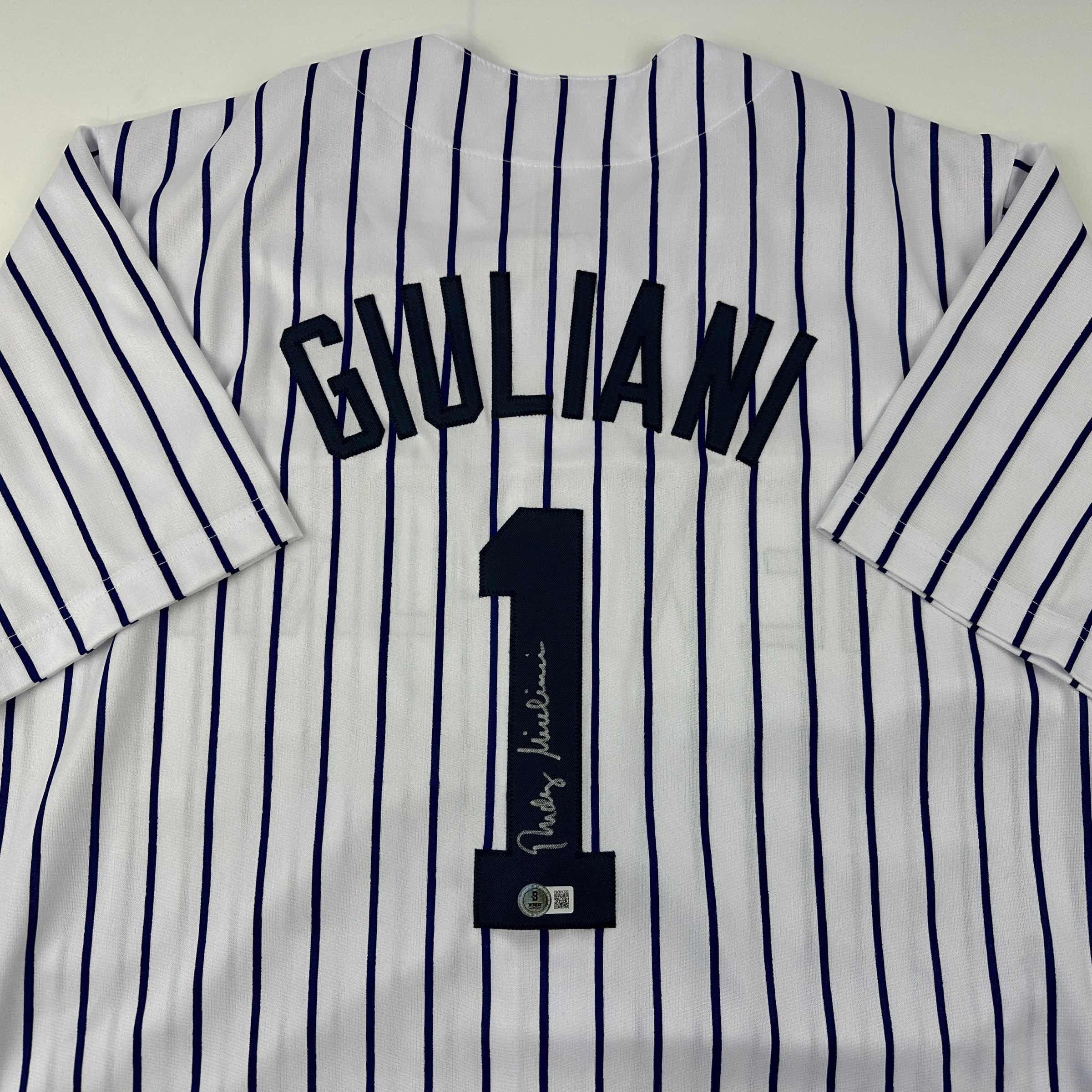 Autographed/Signed Rudy Giuliani New York Pinstripe Baseball Jersey Beckett BAS COA - Image 2