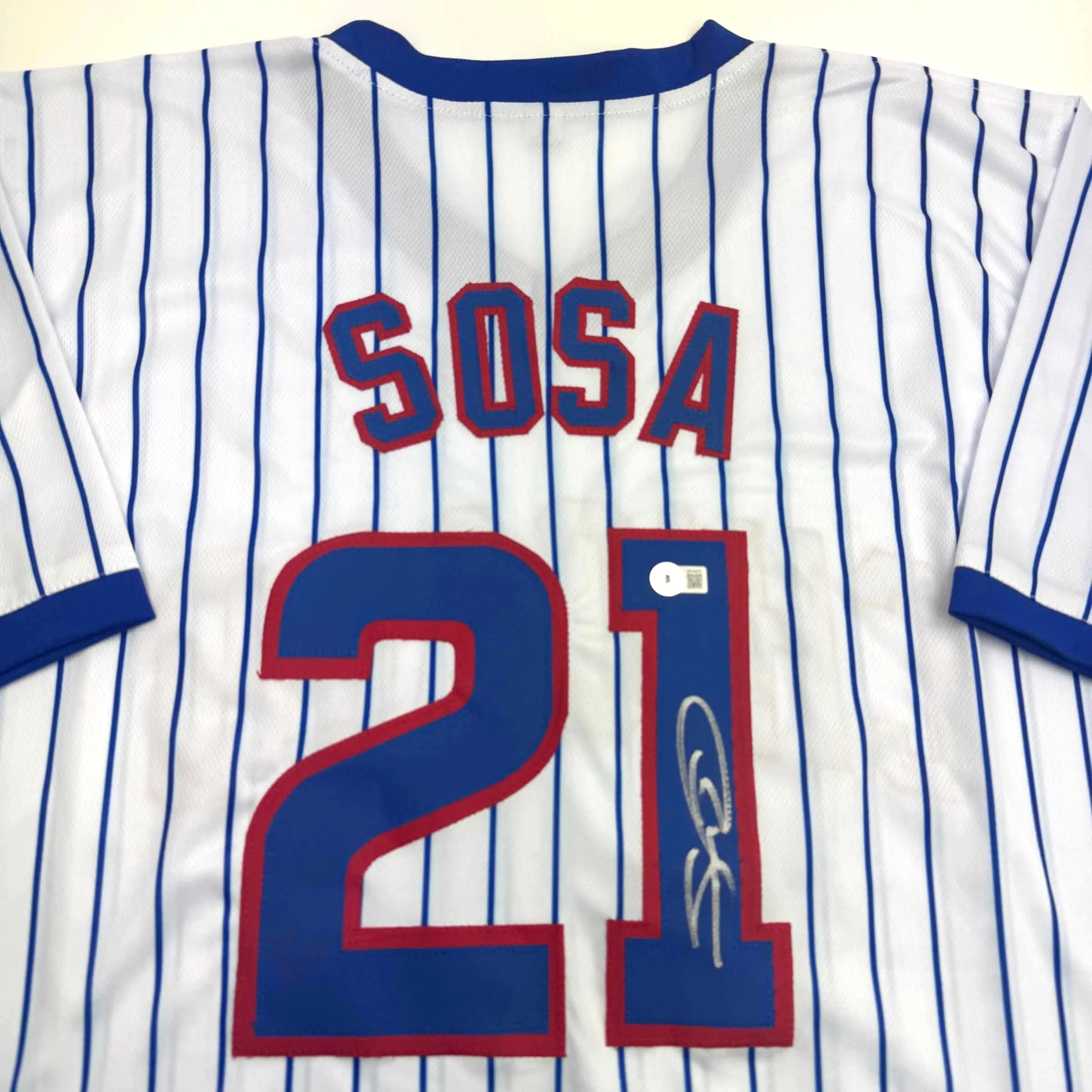 Autographed/Signed Sammy Sosa Chicago Pinstripe Baseball Jersey Beckett BAS COA - Image 2
