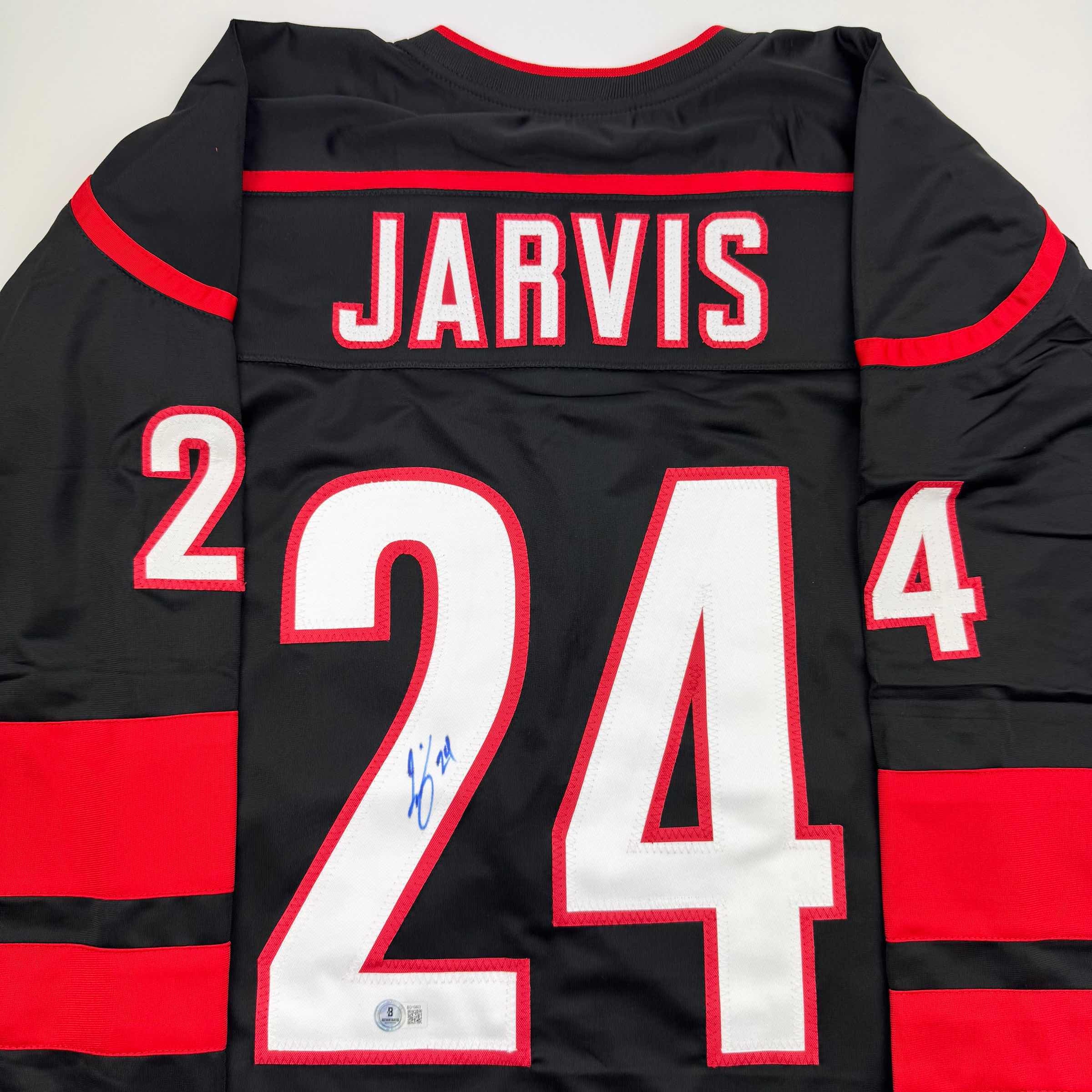 Autographed/Signed Seth Jarvis Carolina Black Hockey Jersey Beckett BAS COA - Image 2