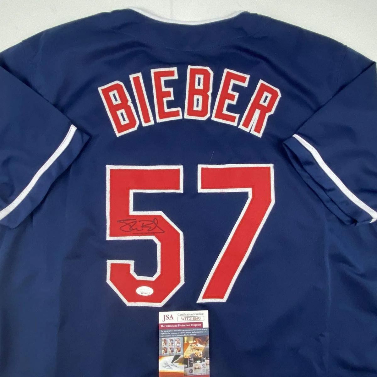 Autographed/Signed Shane Bieber Cleveland Blue Baseball Jersey JSA COA - Image 2