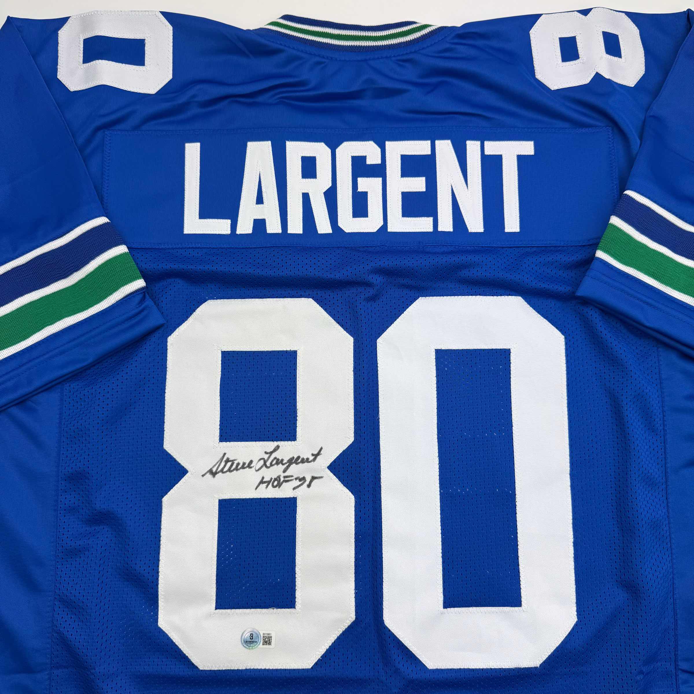 Autographed/Signed Steve Largent HOF 95 Seattle Blue Football Jersey Beckett BAS COA - Image 2