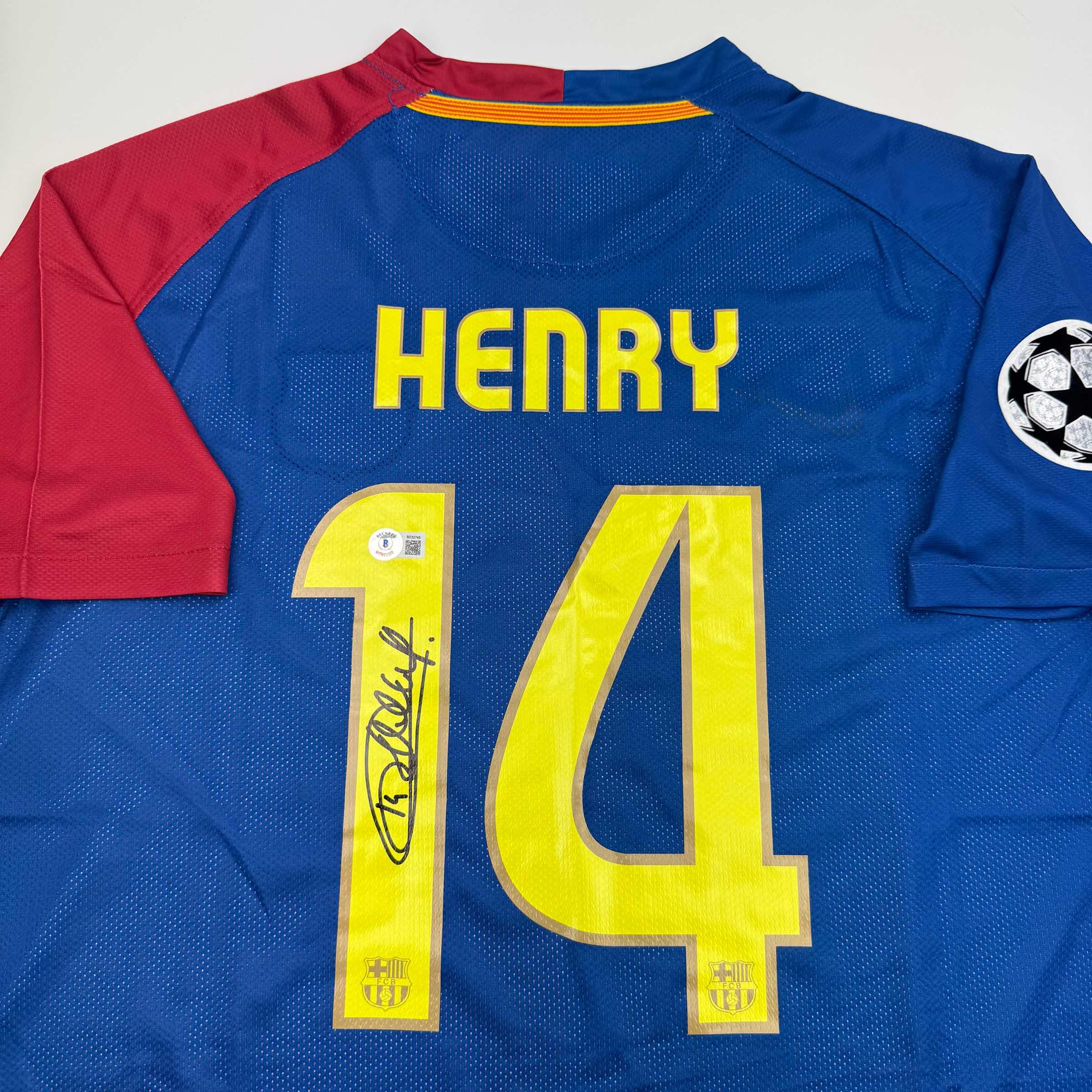 Autographed/Signed Thierry Henry FC Barcelona Blue Soccer Jersey Beckett BAS COA - Image 2