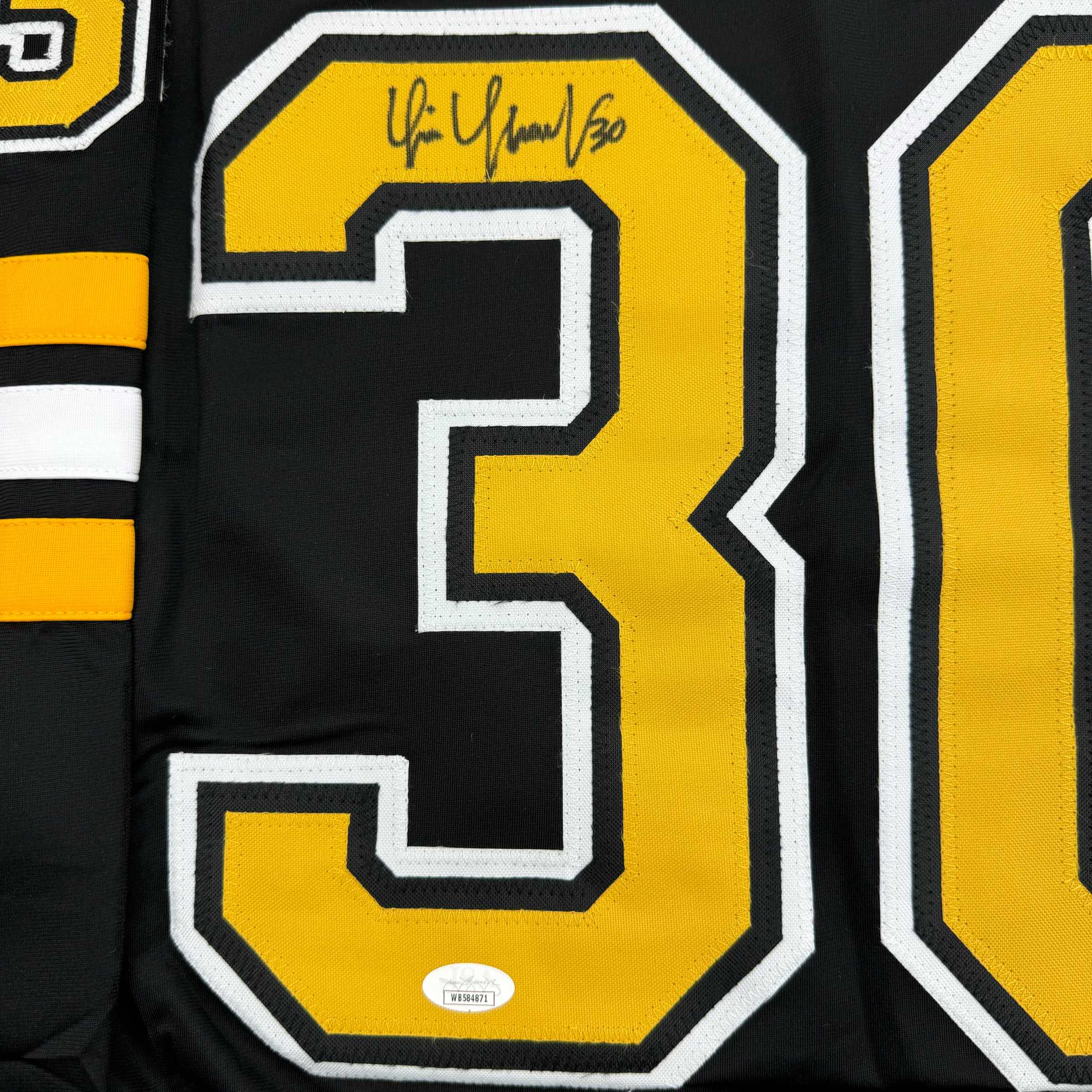 Autographed/Signed Tim Thomas Boston Black Hockey Jersey JSA COA - Image 3