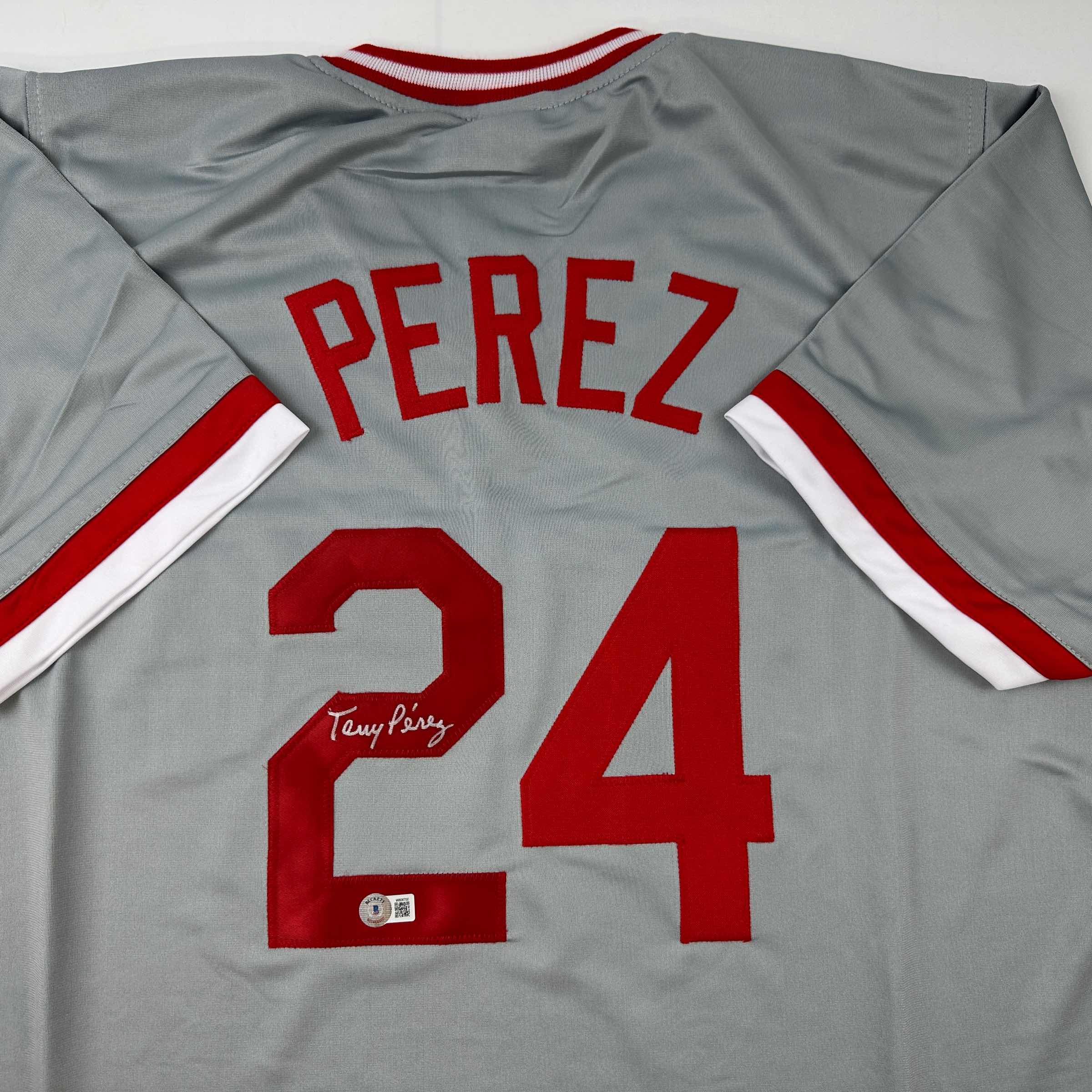 Autographed/Signed Tony Perez Cincinnati Grey Baseball Jersey Beckett BAS COA - Image 2