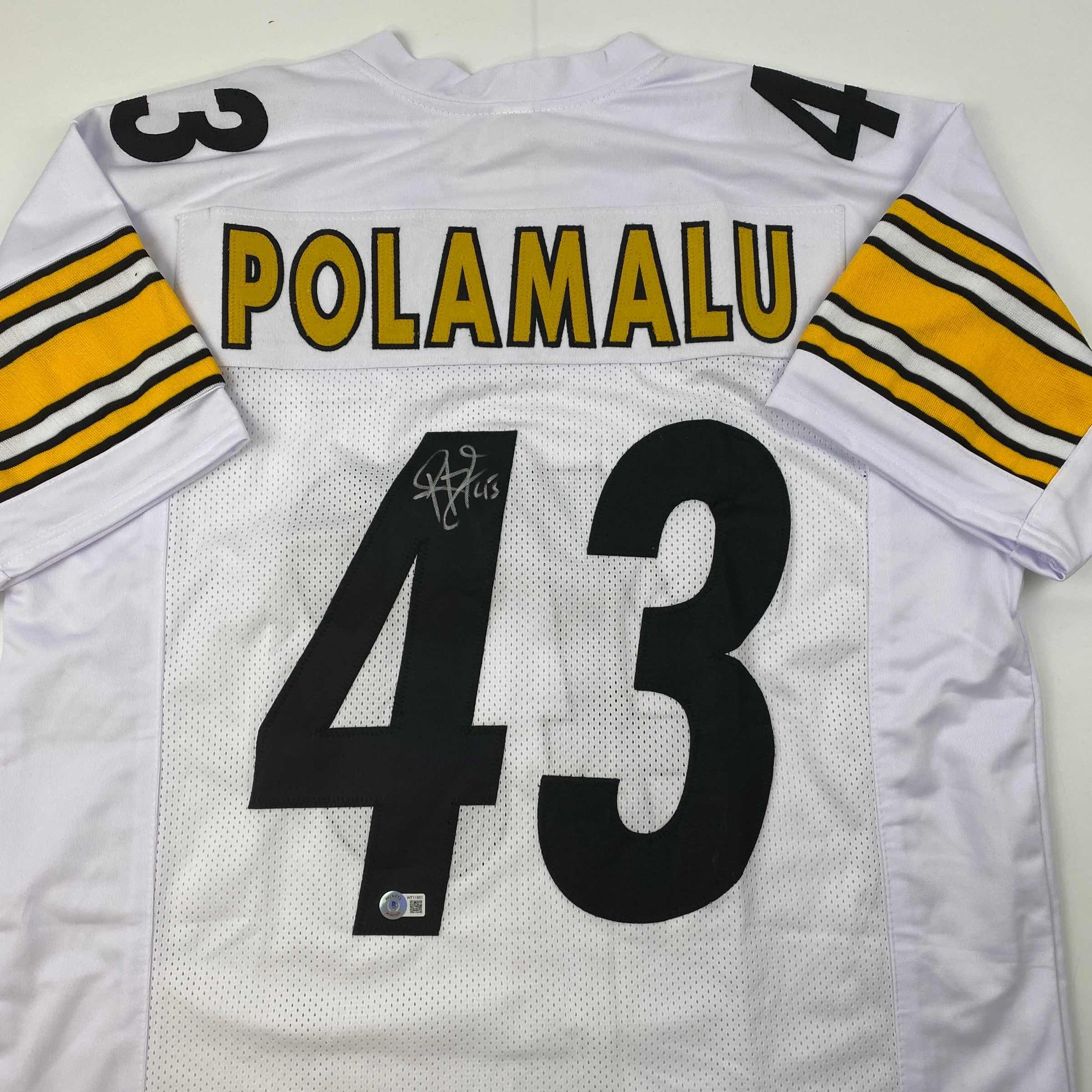 Autographed/Signed Troy Polamalu Pittsburgh White Football Jersey Beckett BAS COA - Image 2