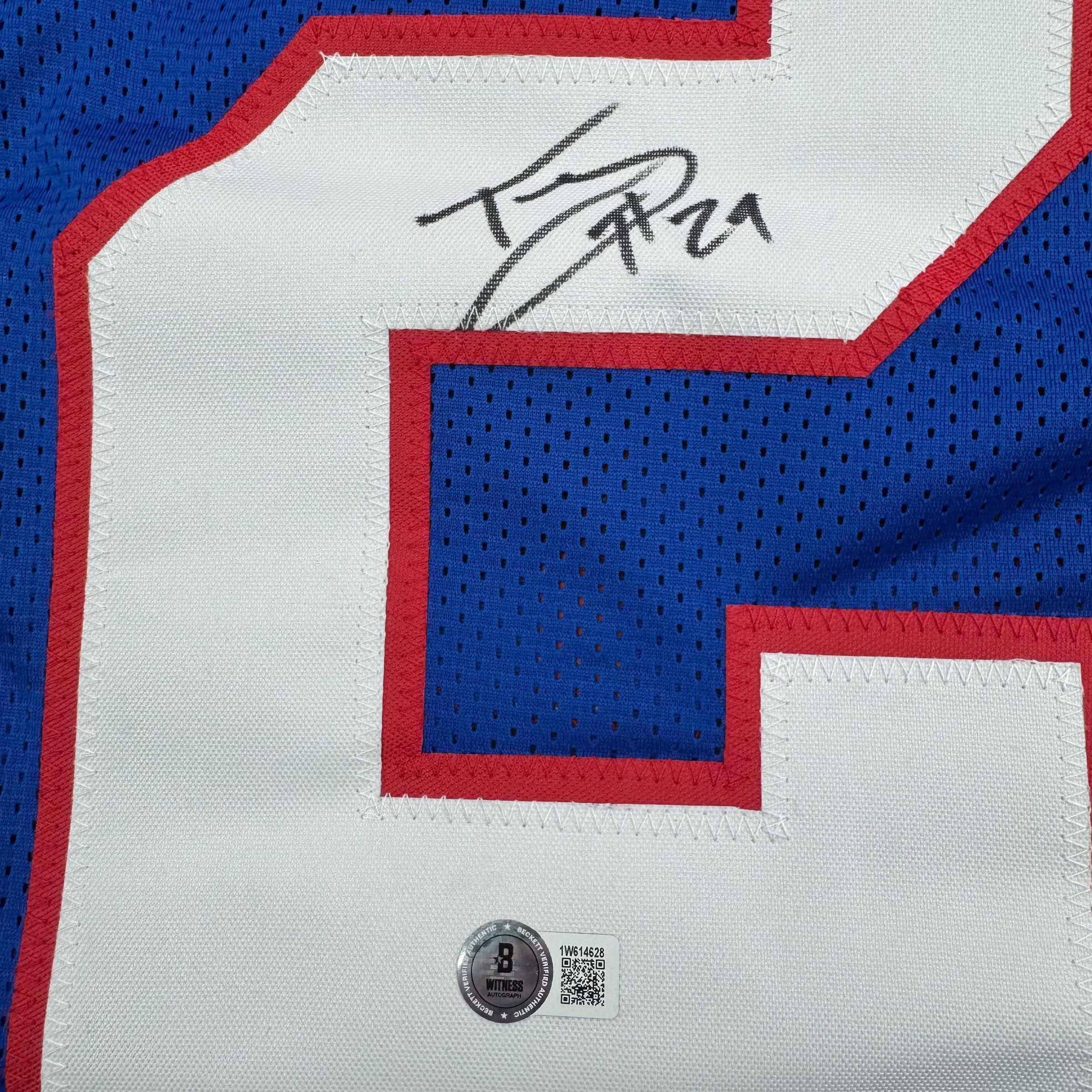 Autographed/Signed Tyrone Tracy Jr. New York Blue Football Jersey Beckett BAS COA #2 - Image 3