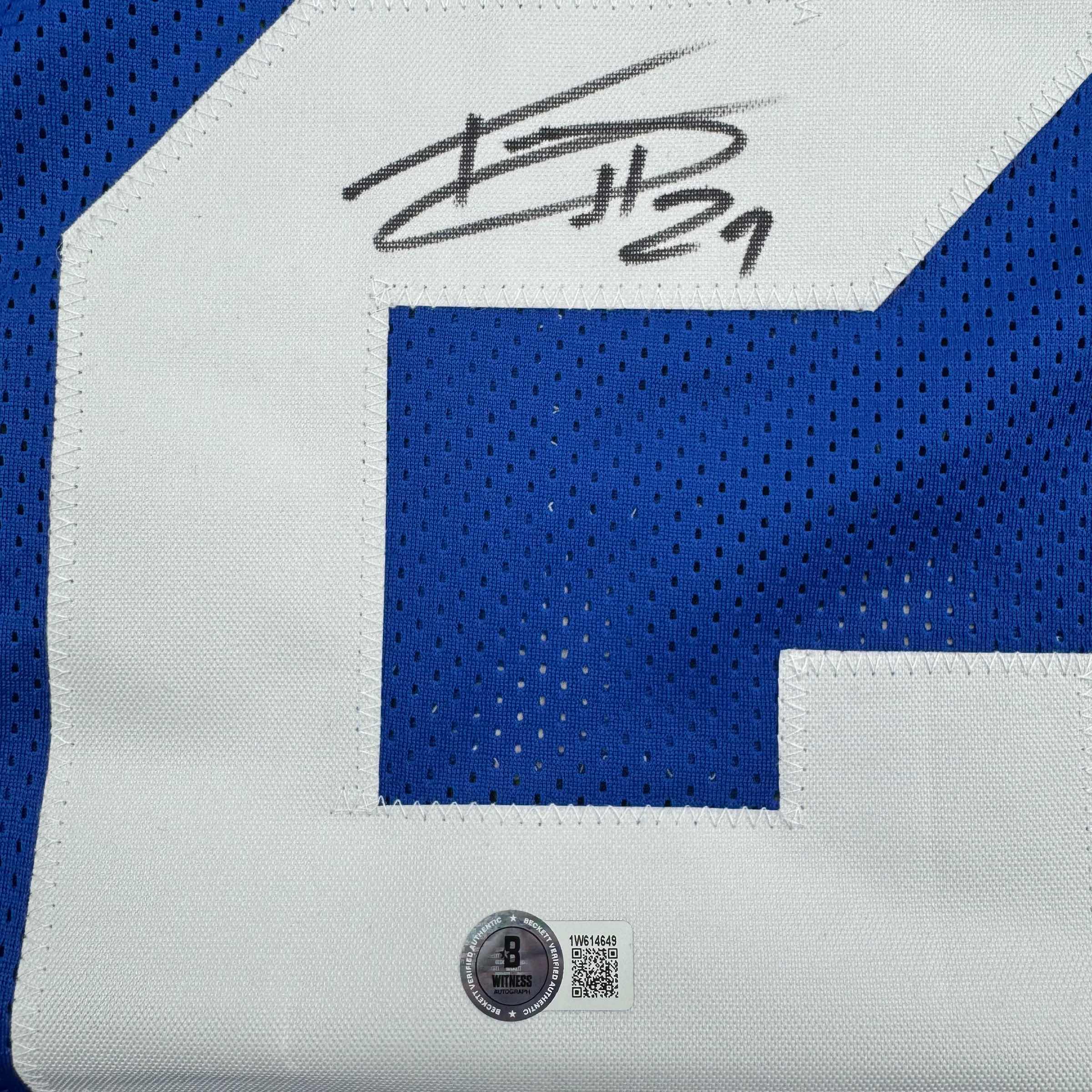 Autographed/Signed Tyrone Tracy Jr. New York Blue Football Jersey Beckett BAS COA - Image 3