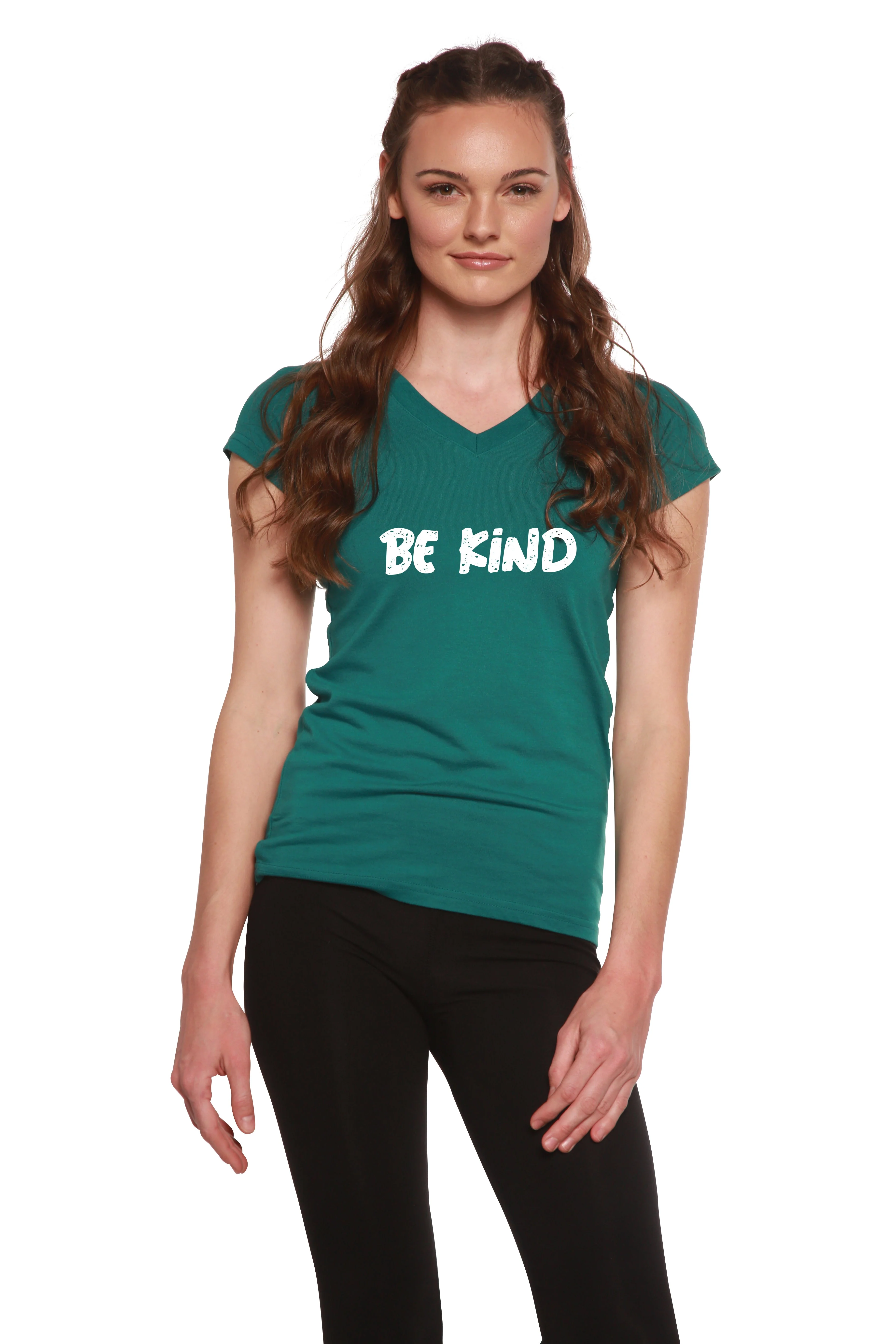 Be Kind Printed Women's Bamboo Viscose/Cotton V-Neck Cap Sleeve T-Shirt - Image 3