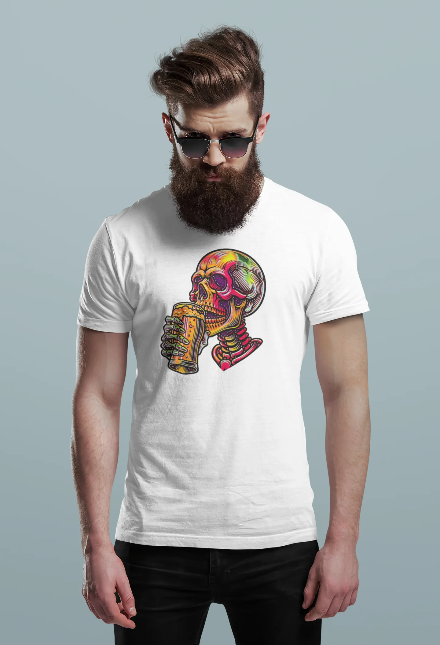 Beer Drinking Neon Skull Graphic Tee - Image 2