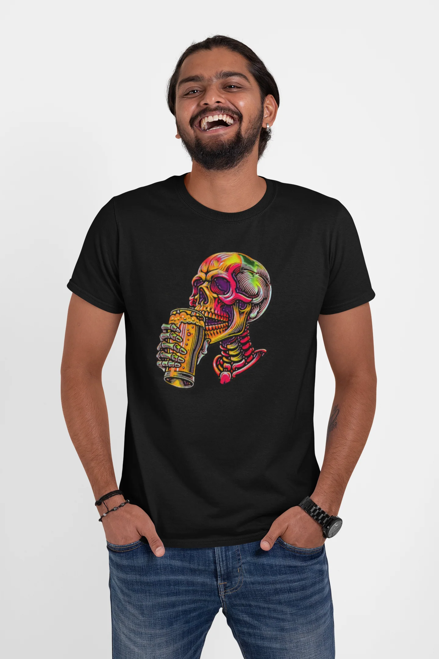 Beer Drinking Neon Skull Graphic Tee - Image 3