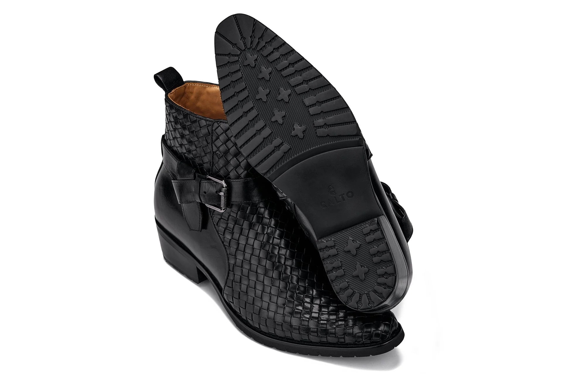 CALTO - K30523 - 3.3 Inches Taller (Black) - Woven High-Top Ankle Buckle Zipper Boots - Image 6