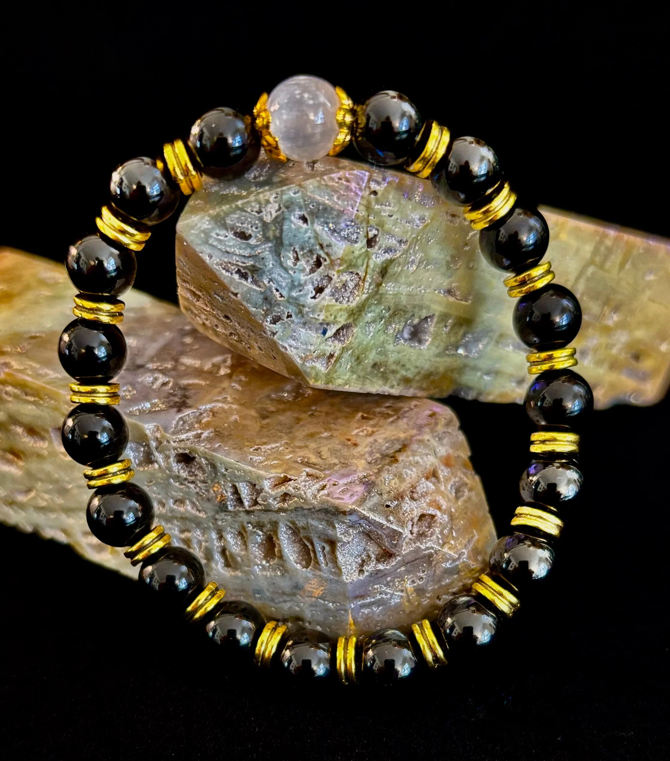 Divine Balance Bracelet β Selenite & Black Obsidian with Gold Accents - Image 4