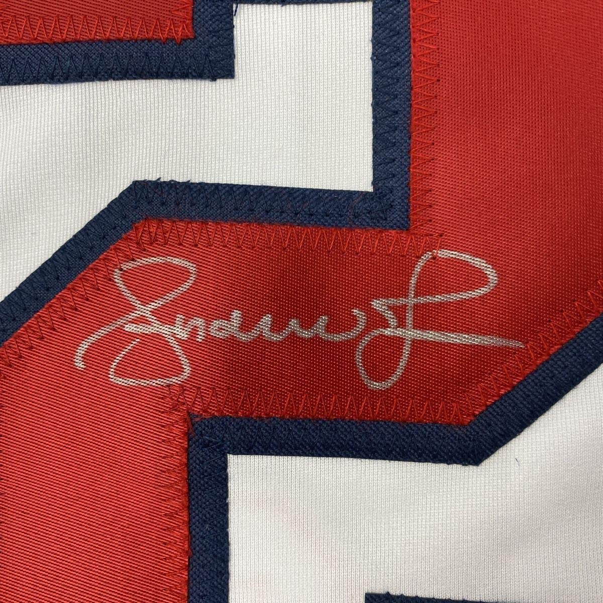 Framed Autographed/Signed Andruw Jones 35x39 Atlanta White Baseball Jersey JSA COA - Image 2