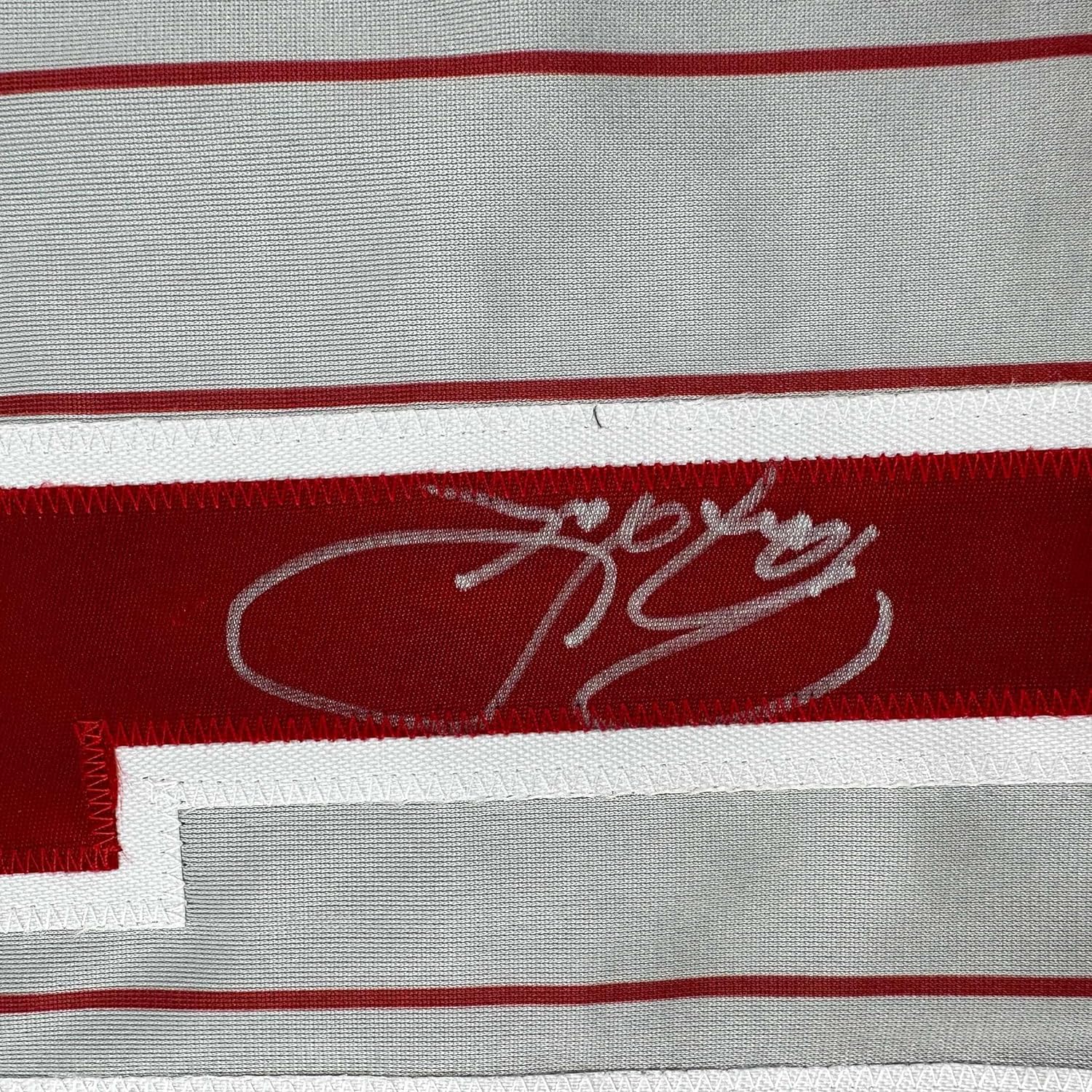 Framed Autographed/Signed Barry Larkin 35x39 Cincinnati Grey Pinstripe Baseball Jersey Beckett BAS COA - Image 2