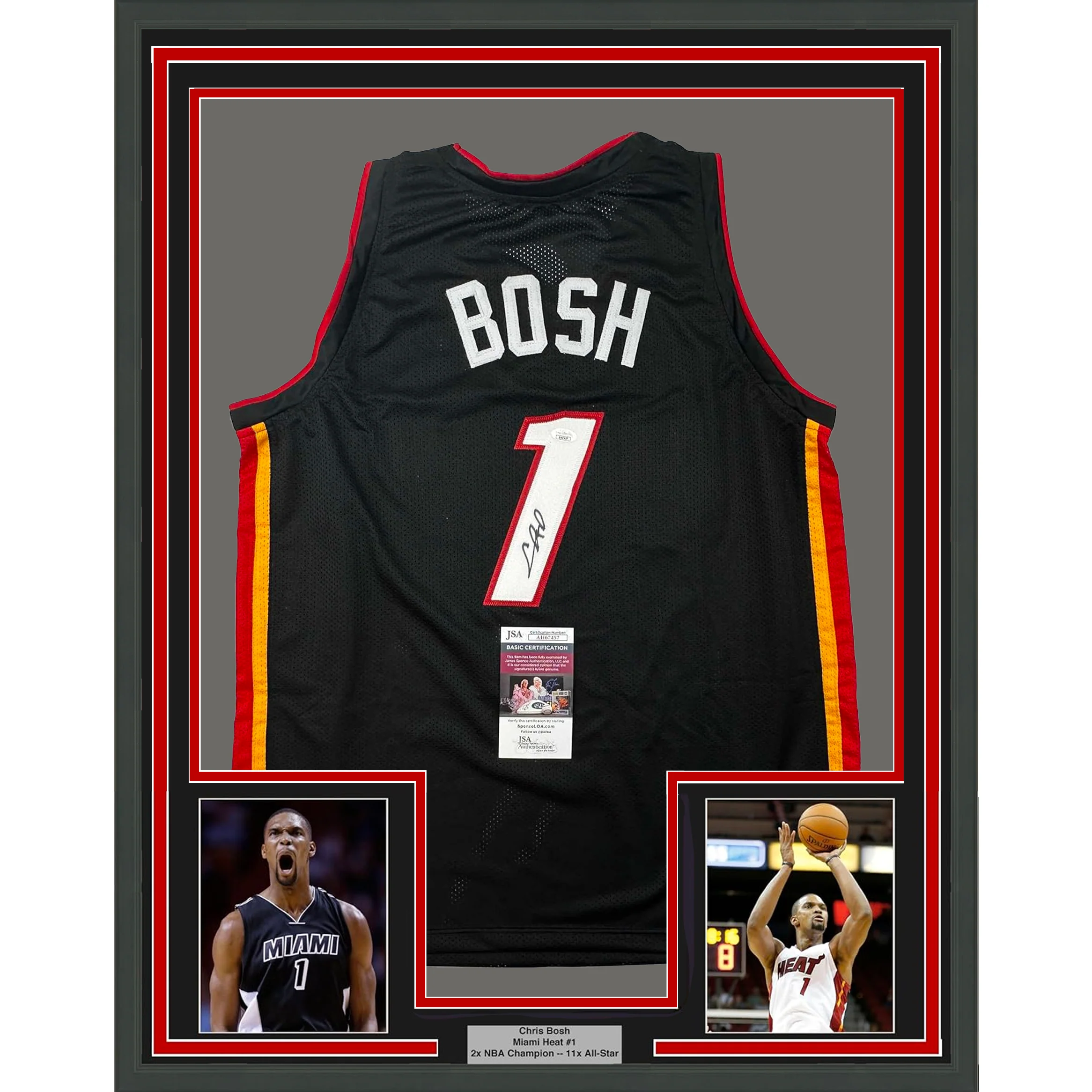 Framed Autographed/Signed Chris Bosh 35x39 Miami Black Basketball Jersey JSA COA