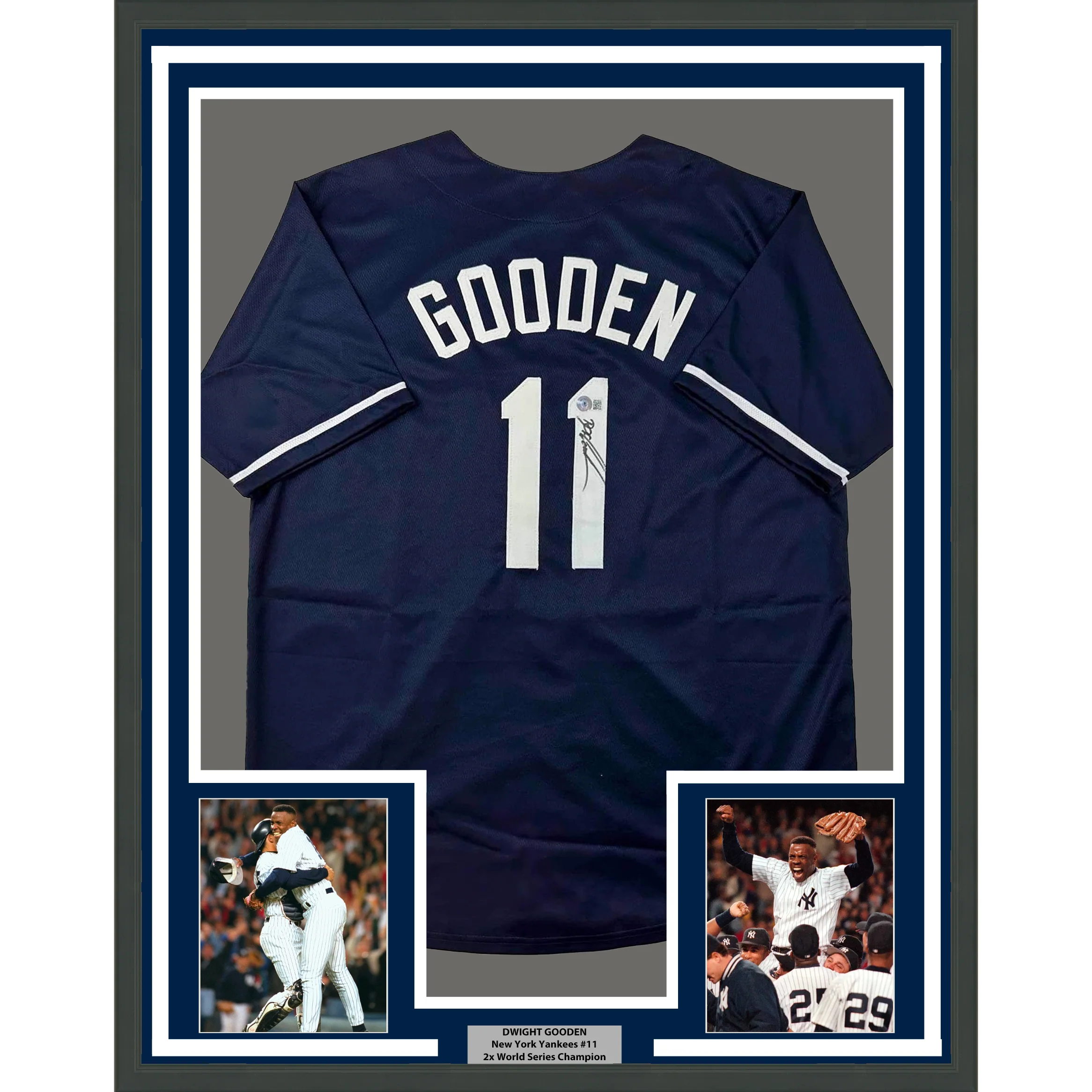 Framed Autographed/Signed Dwight Doc Gooden 35x39 New York Blue Baseball Jersey Beckett BAS COA