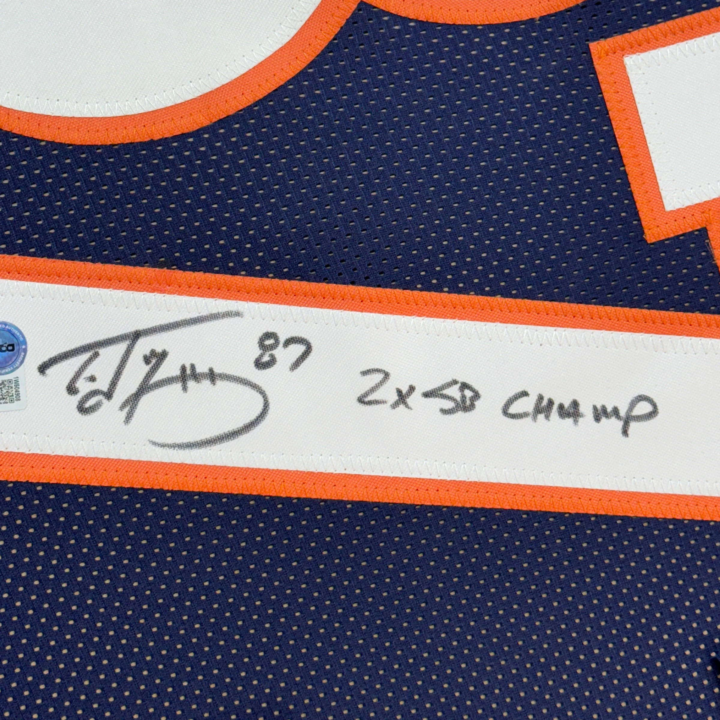 Framed Autographed/Signed Ed McCaffrey 35x39 2x SB Champs Denver Blue Football Jersey Beckett BAS COA - Image 2