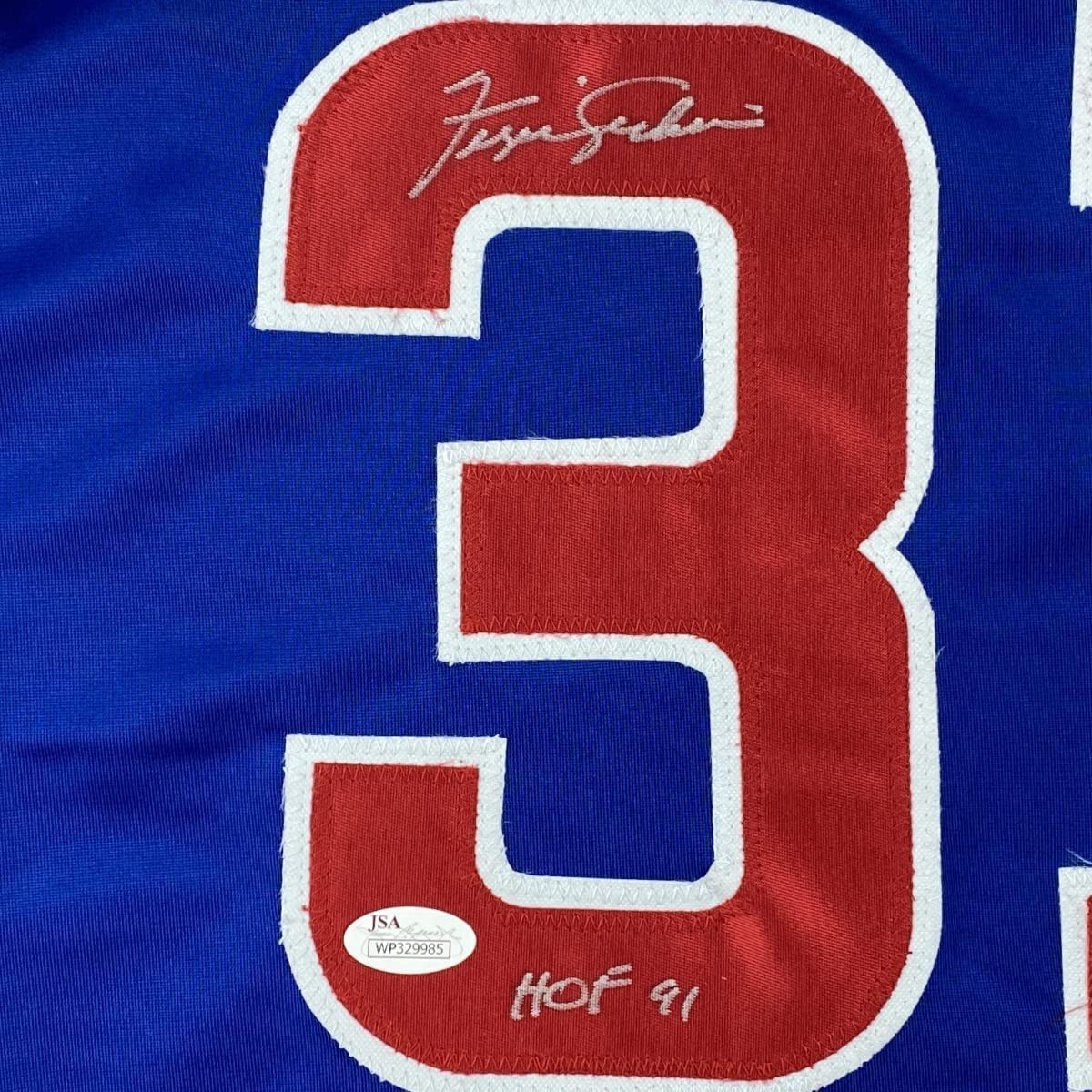 Framed Autographed/Signed Ferguson Fergie Jenkins 35x39 HOF 91 Chicago Blue Baseball Jersey JSA COA - Image 2