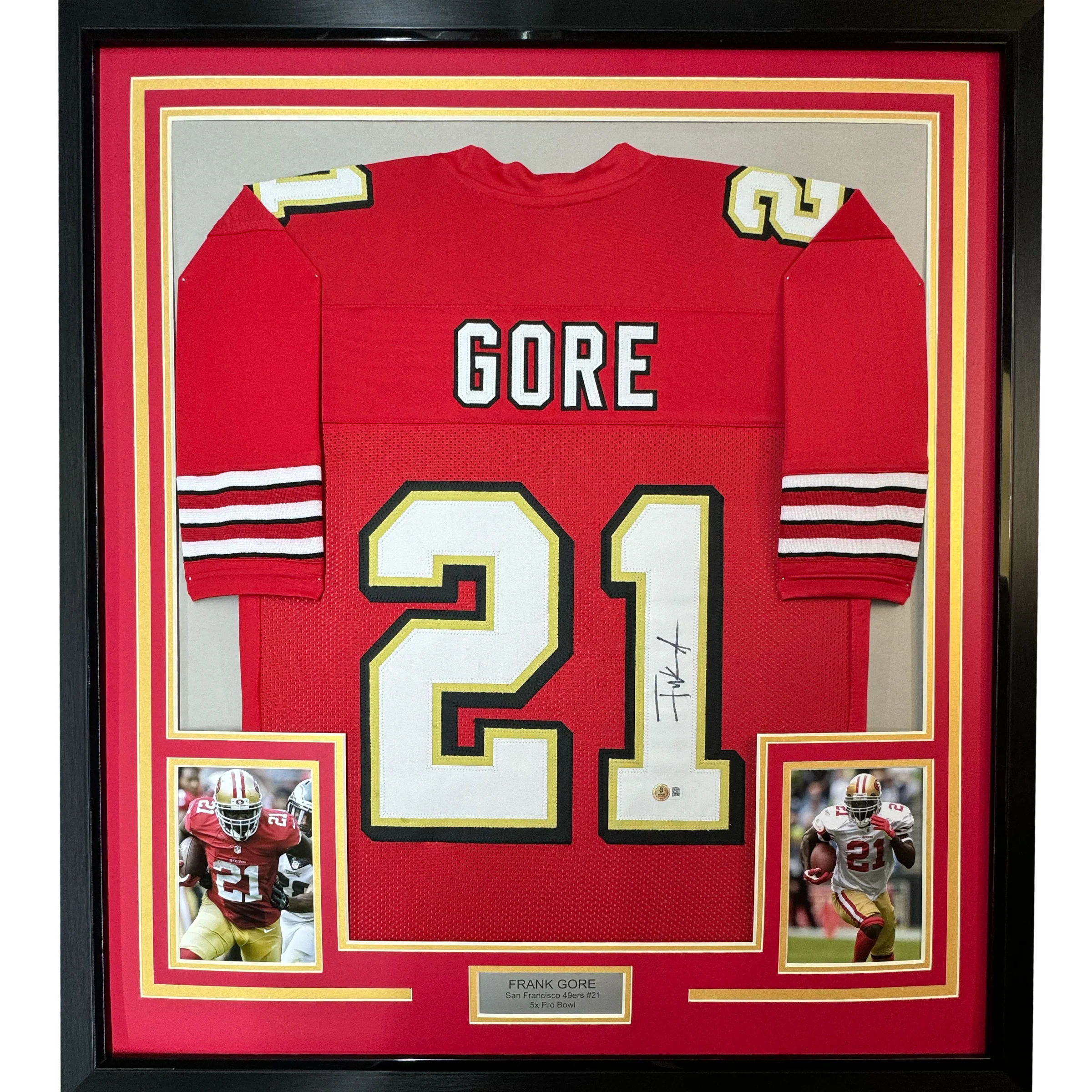 Framed Autographed/Signed Frank Gore 35x39 San Francisco Red Alternate Football Jersey Beckett BAS COA