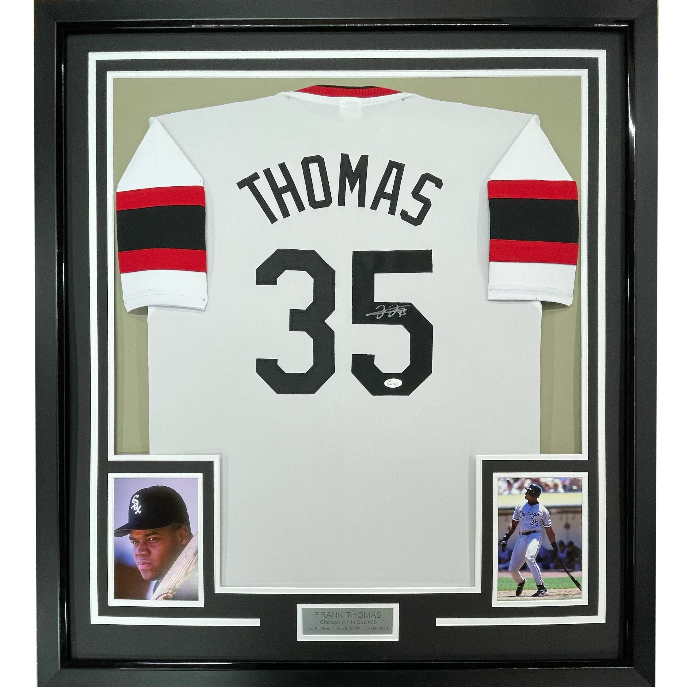 Framed Autographed/Signed Frank Thomas 35x39 Chicago Retro White Baseball Jersey JSA COA
