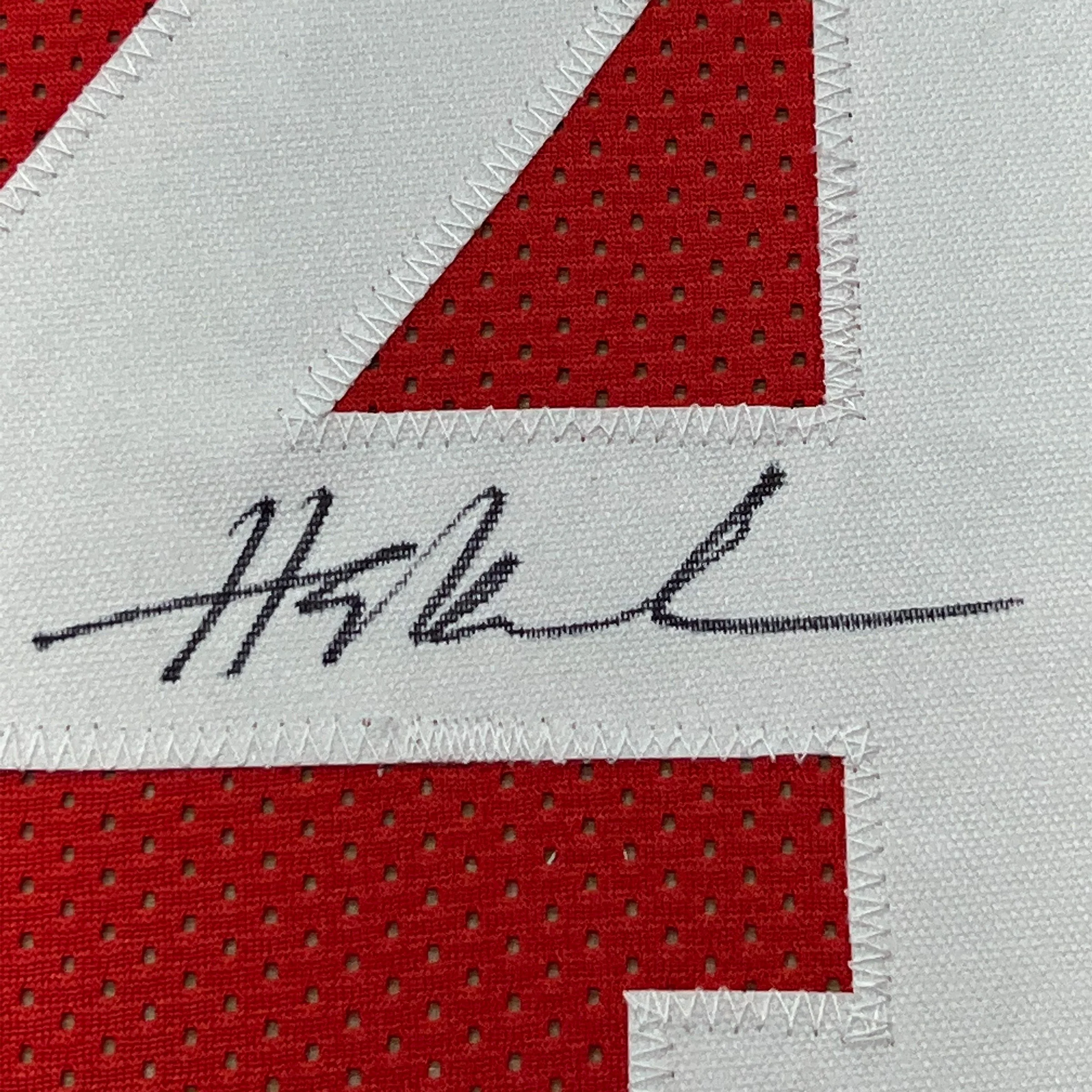 Framed Autographed/Signed Hakeem Olajuwon 35x39 Houston Red Basketball Jersey Beckett BAS COA - Image 2