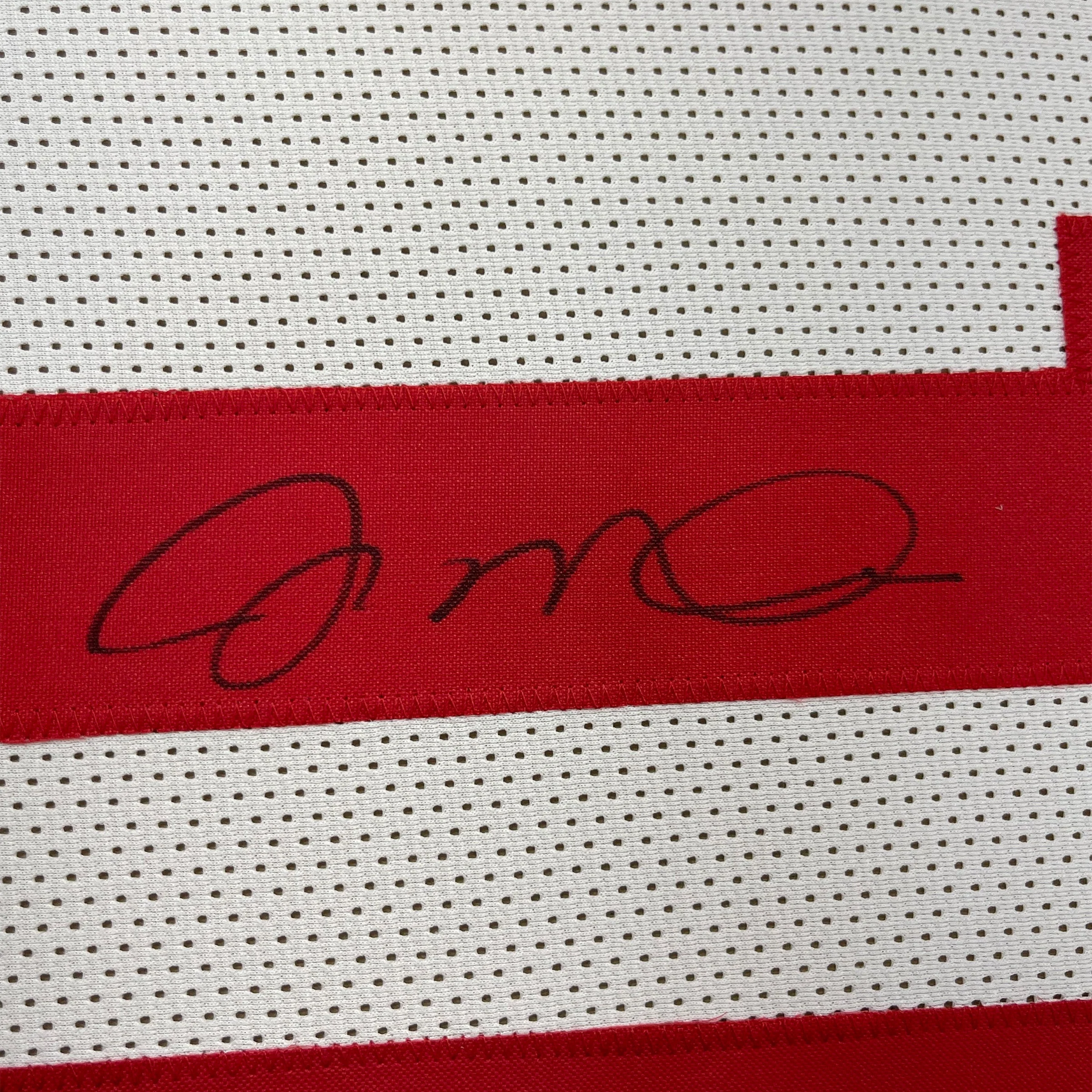 Framed Autographed/Signed Joe Montana 35x39 San Francisco White Football Jersey JSA COA - Image 2