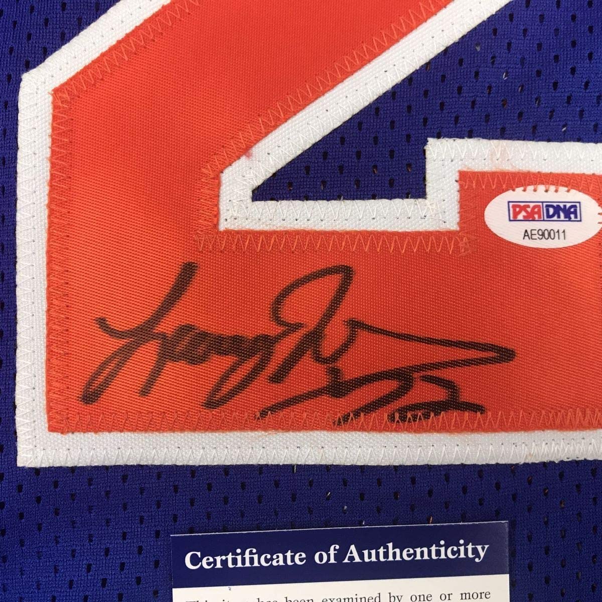 Framed Autographed/Signed Larry Johnson 35x39 New York Blue Basketball Jersey PSA/DNA COA - Image 2