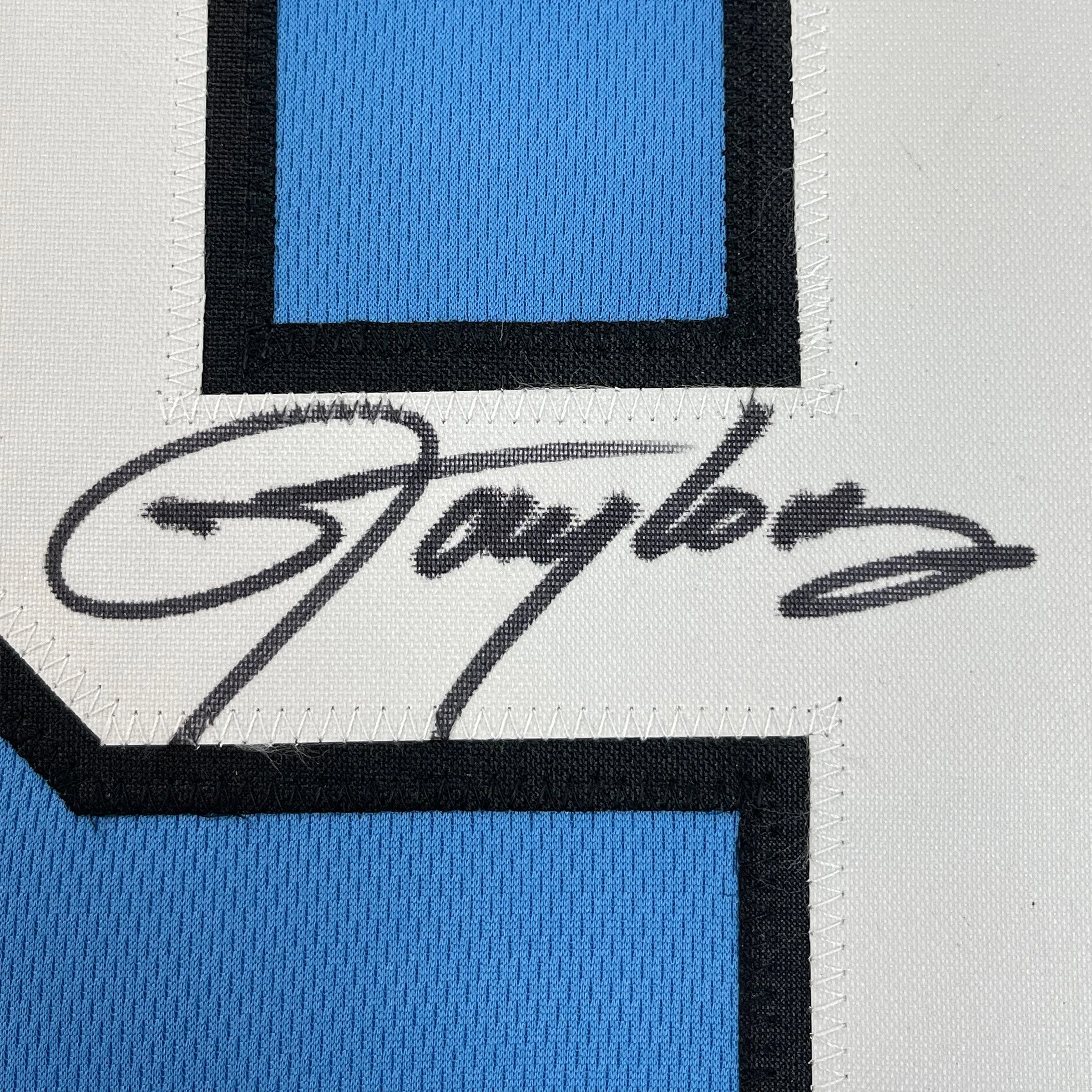 Framed Autographed/Signed Lawrence Taylor 35x39 North Carolina UNC Blue College Football Jersey Beckett BAS COA - Image 2