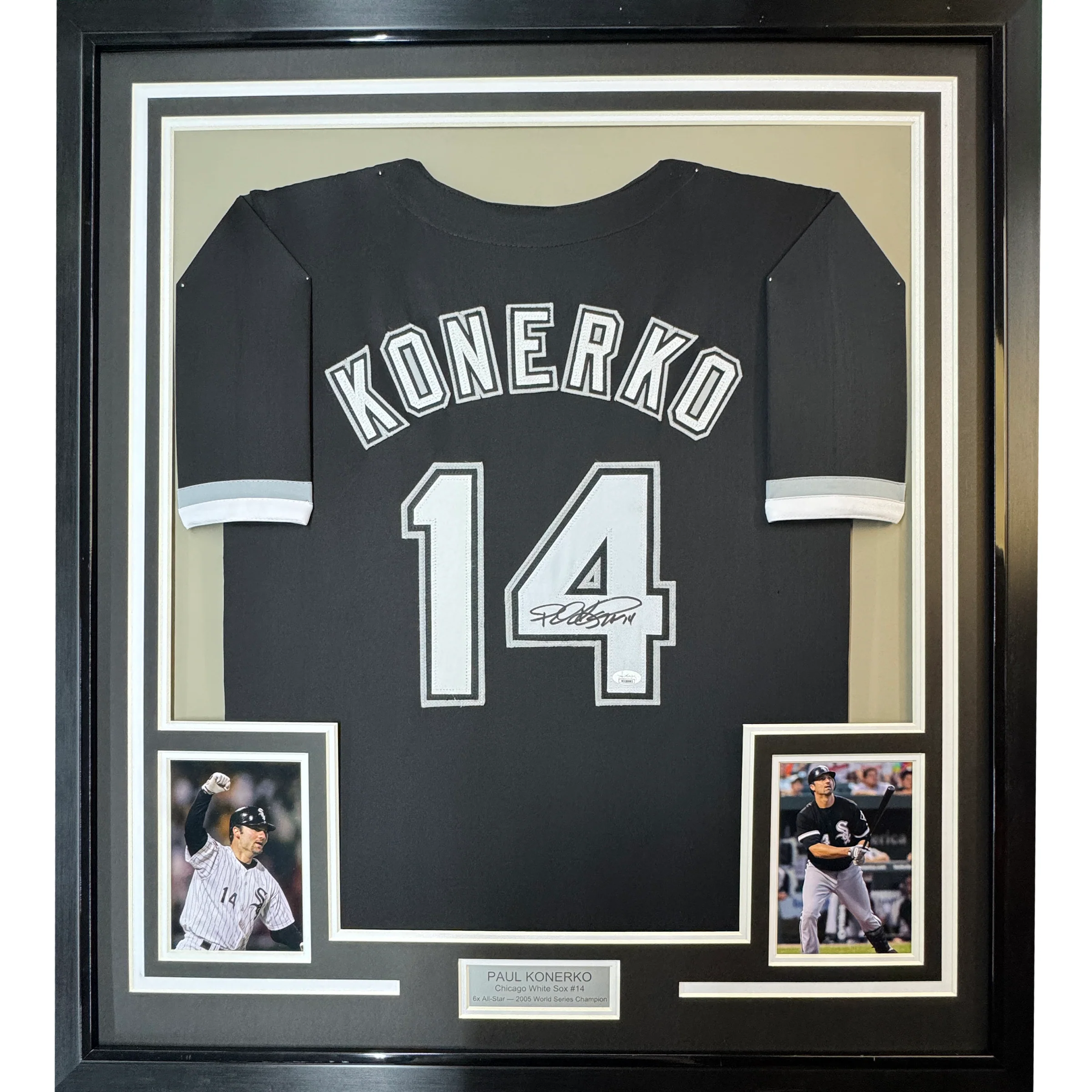 Framed Autographed/Signed Paul Konerko 35x39 Chicago Black Baseball Jersey JSA COA