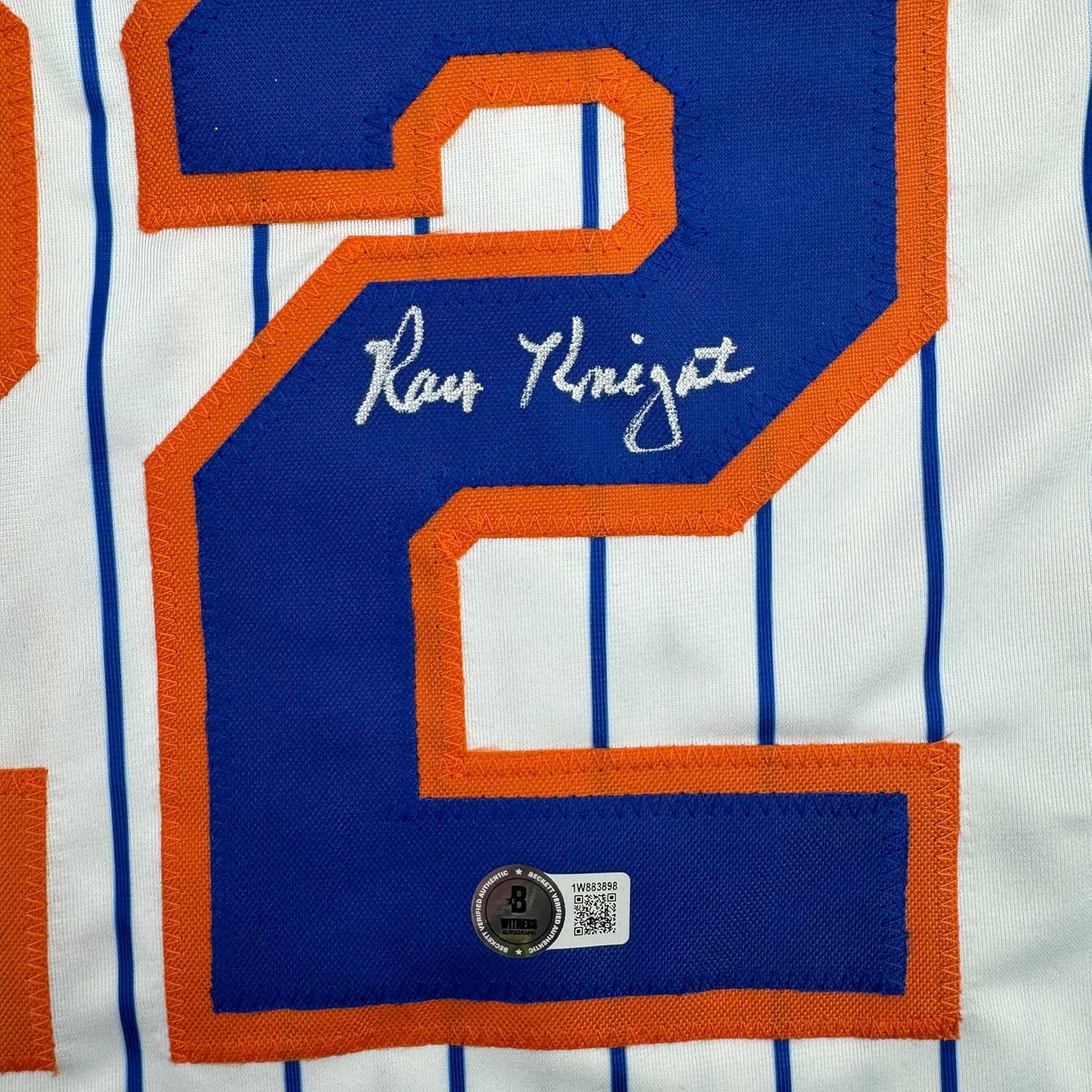Framed Autographed/Signed Ray Knight 35x39 New York Pinstripe Baseball Jersey Beckett BAS COA - Image 2