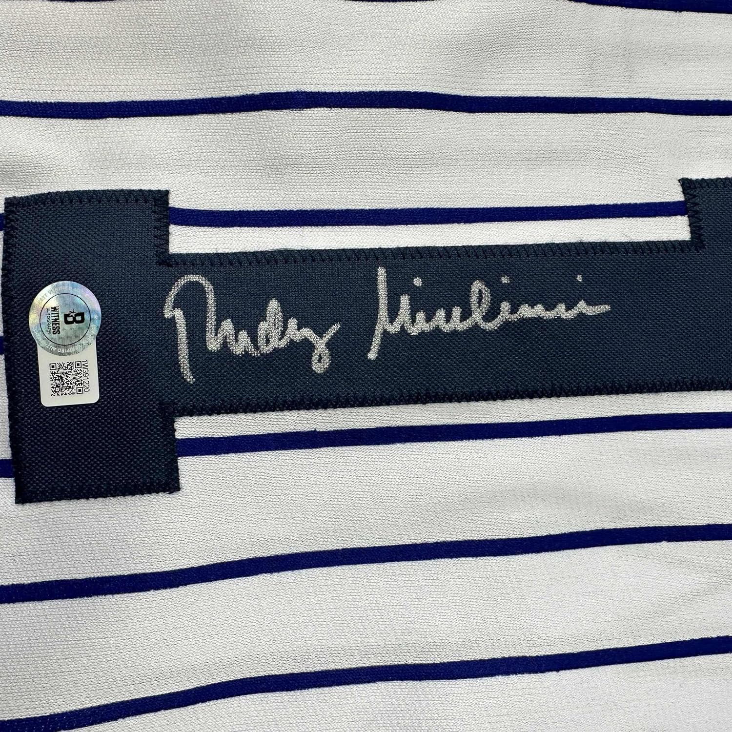 Framed Autographed/Signed Rudy Giuliani 35x39 New York Pinstripe Baseball Jersey Beckett BAS COA - Image 2