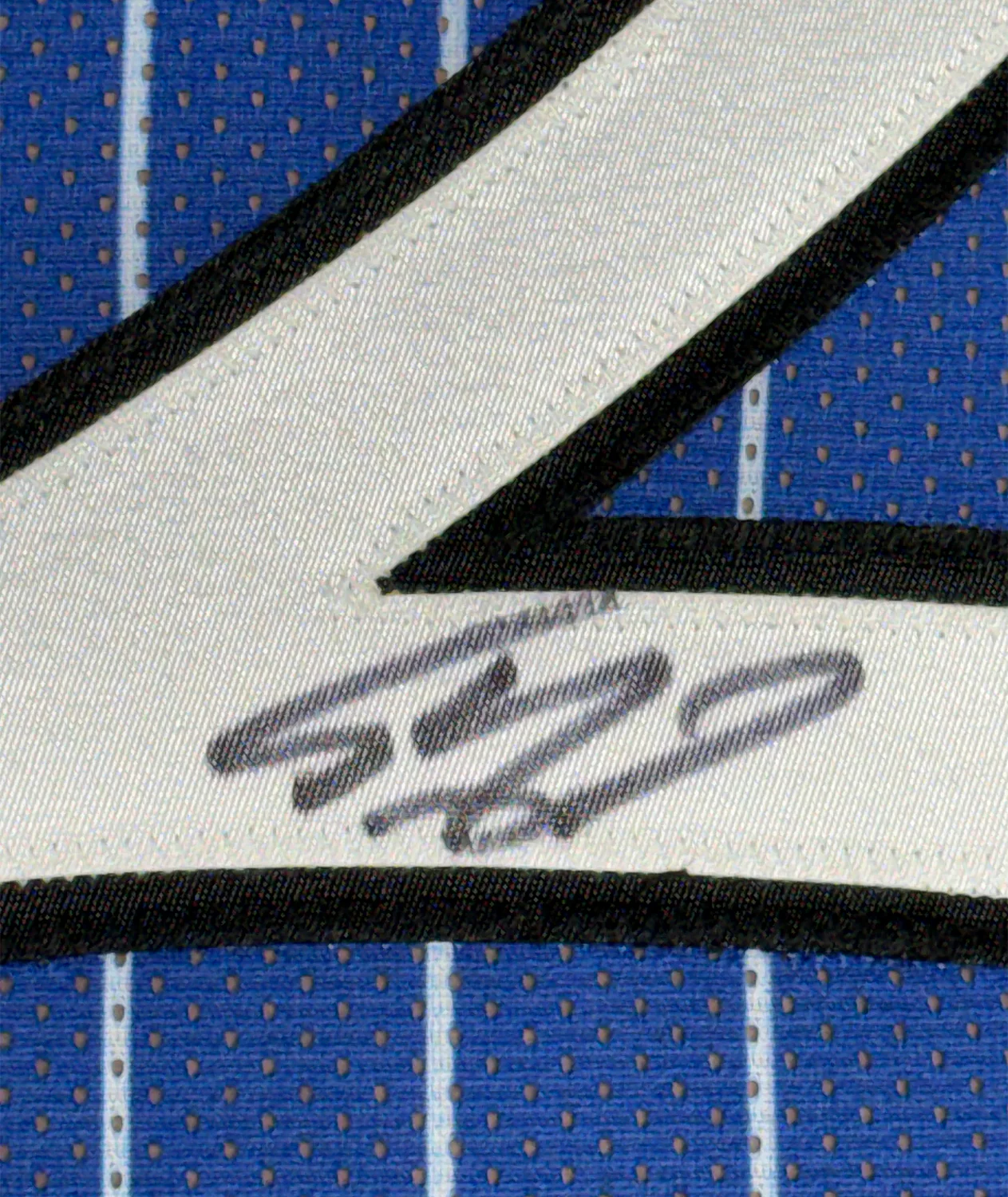 Framed Autographed/Signed Shaquille Shaq O'Neal 35x39 Orlando Blue Pinstripe Basketball Jersey Beckett BAS COA - Image 2