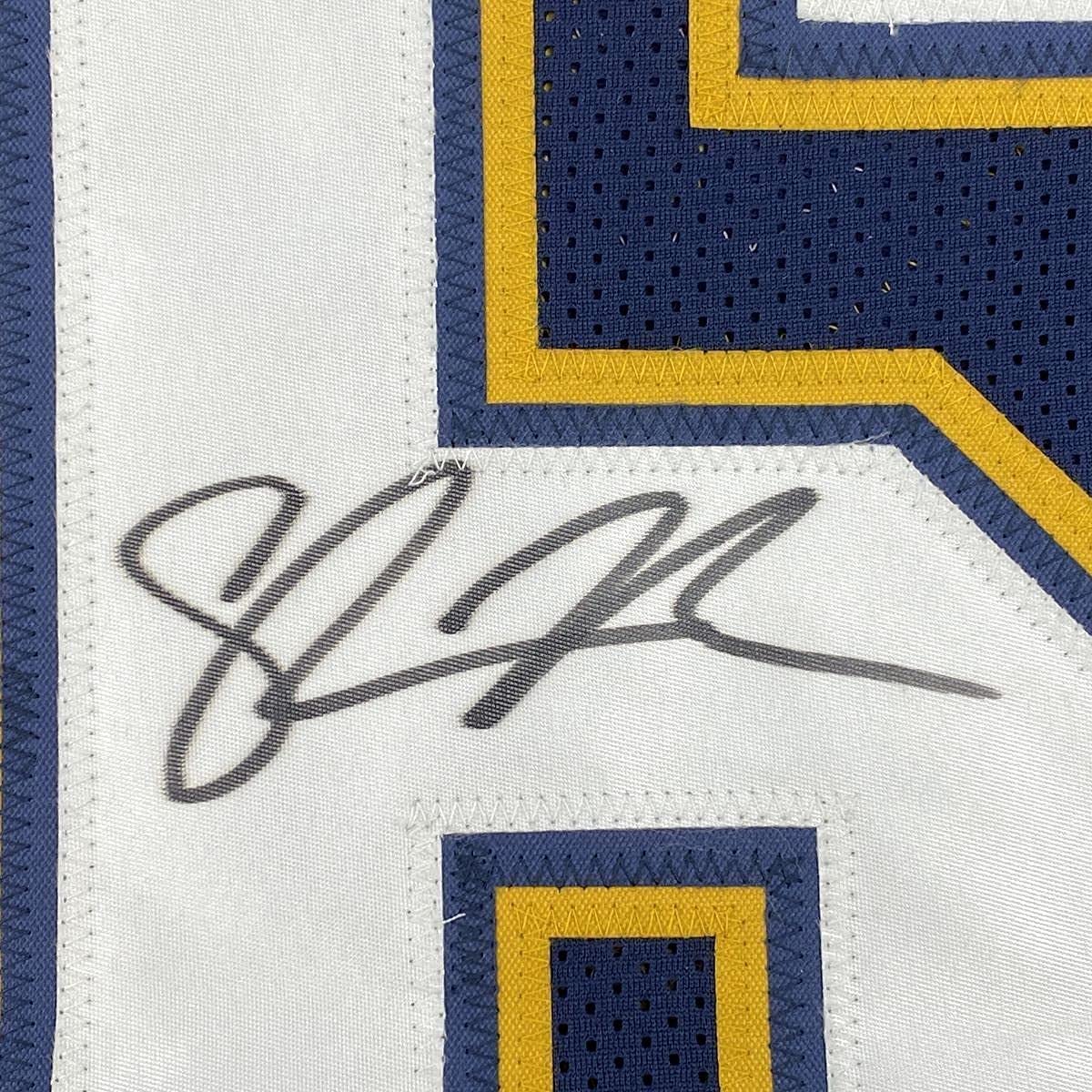 Framed Autographed/Signed Shawne Merriman 35x39 San Diego Dark Blue Football Jersey Beckett BAS COA - Image 2