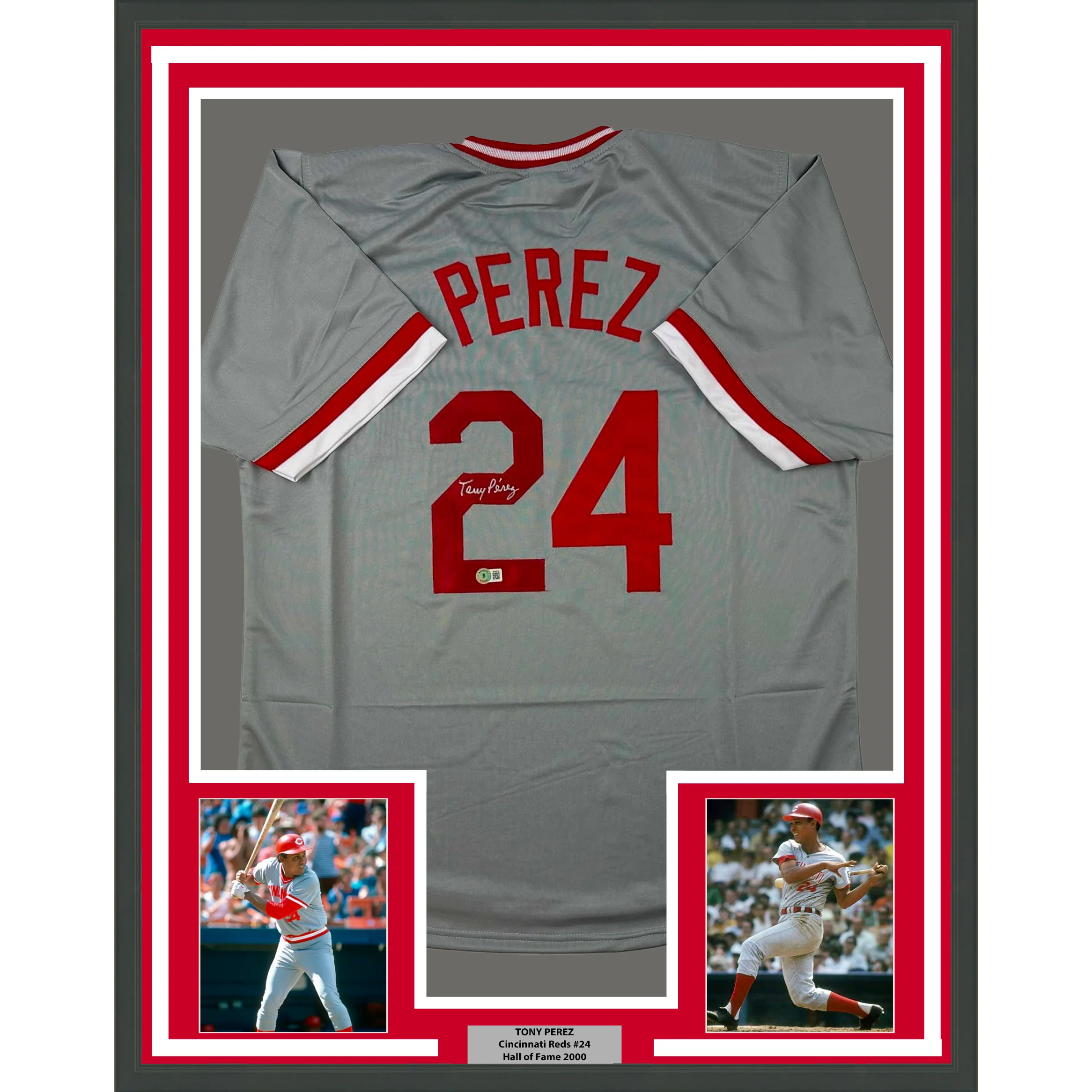Framed Autographed/Signed Tony Perez 35x39 Cincinnati Grey Baseball Jersey Beckett BAS COA