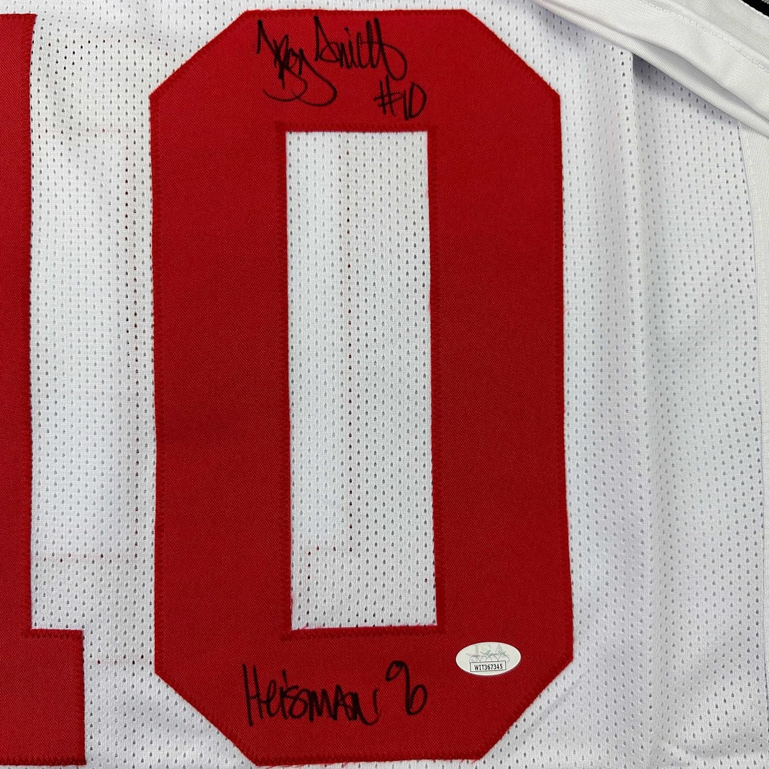 Framed Autographed/Signed Troy Smith 35x39 Heisman 06 Ohio State White College Football Jersey JSA COA - Image 2