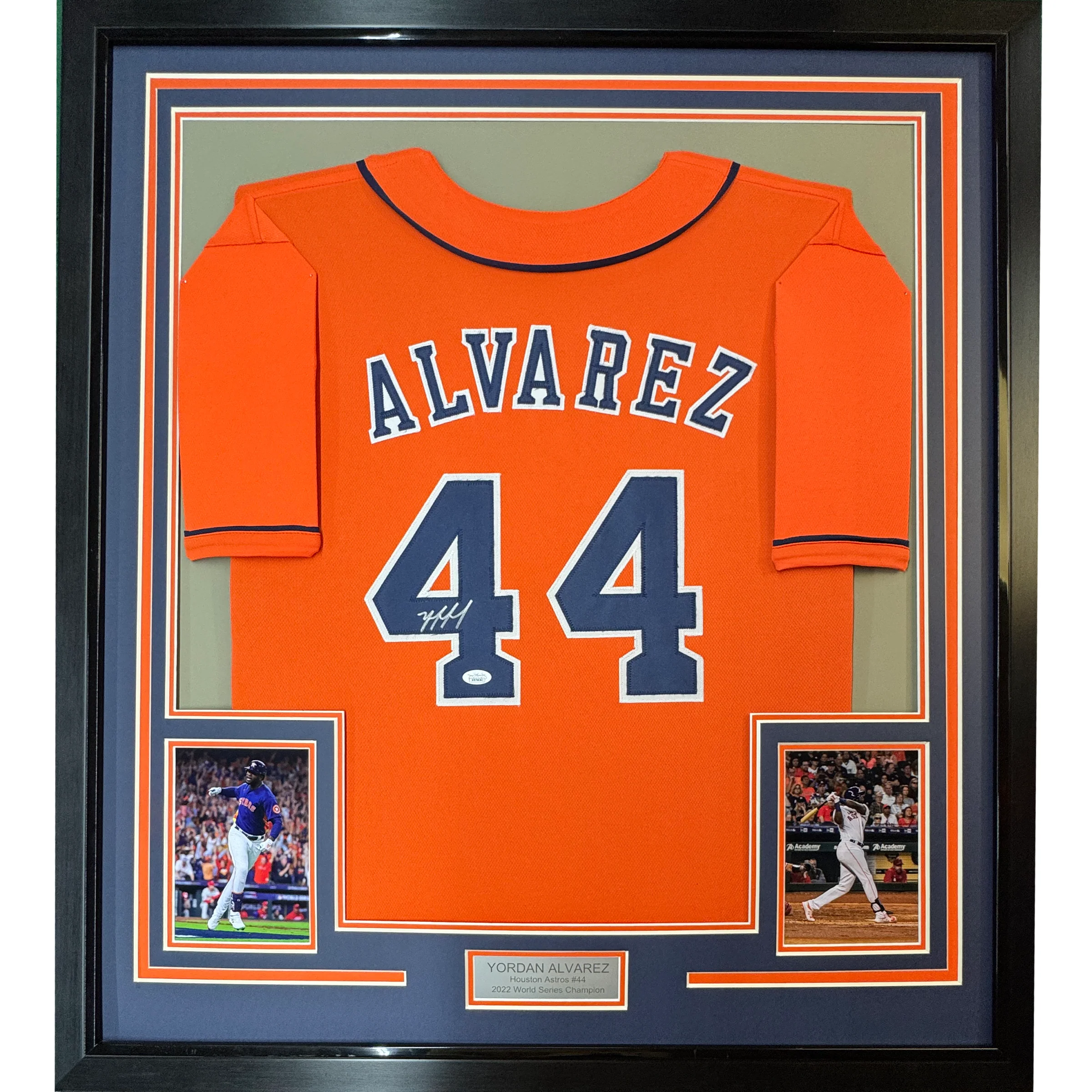 Framed Autographed/Signed Yordan Alvarez 35x39 Houston Orange Baseball Jersey JSA COA
