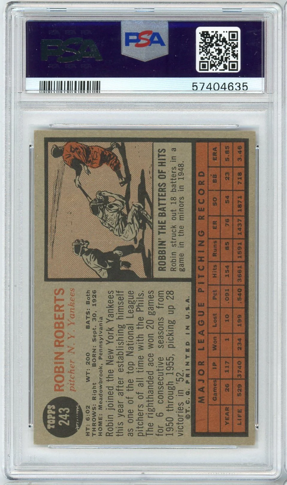 Graded 1962 Topps Robin Roberts #243 Baseball Card PSA 4 VG-EX - Image 2
