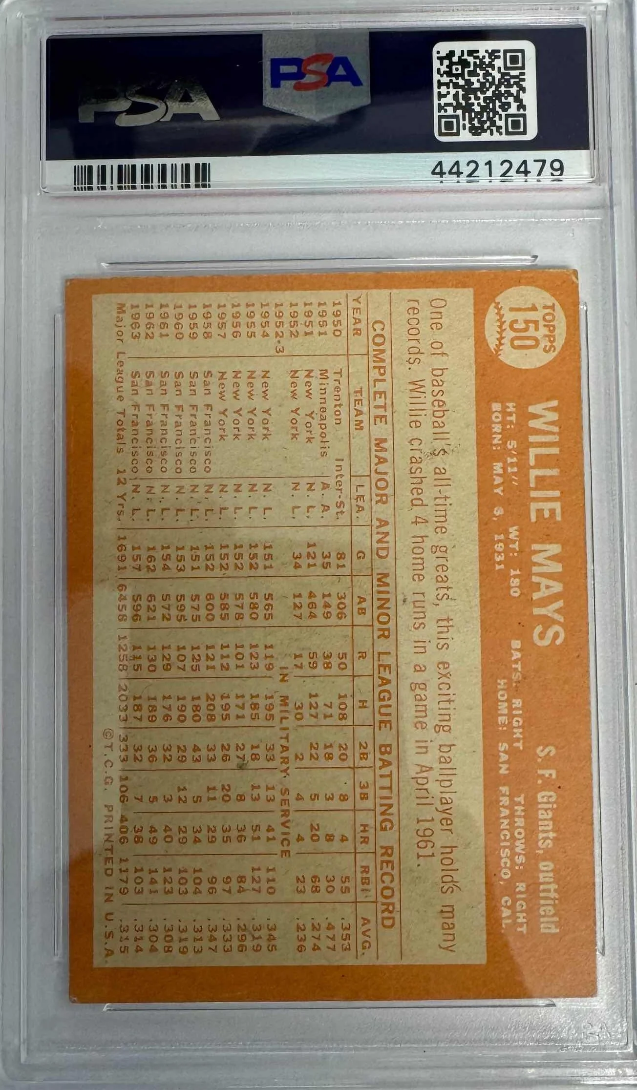 Graded 1964 Topps Willie Mays #150 Baseball Card PSA 5 Excellent - Image 2