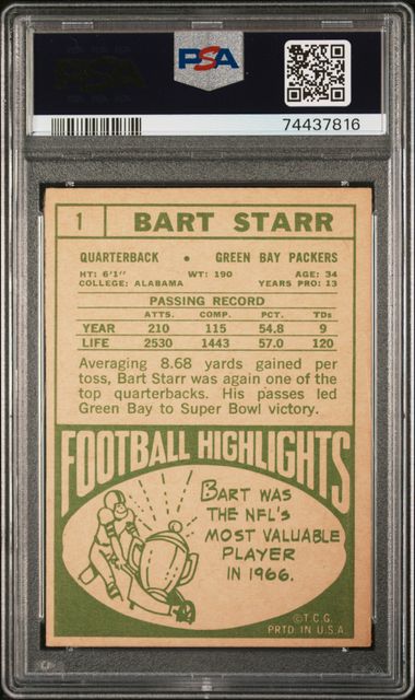 Graded 1968 Topps Bart Starr #1 Football Card PSA 4 VG-EX - Image 2