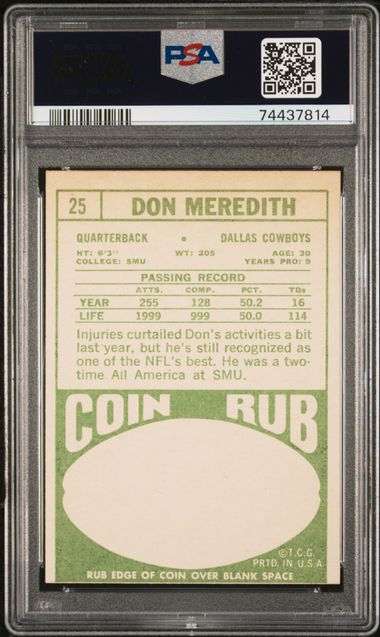 Graded 1968 Topps Don Meredith #25 Football Card PSA 5 Excellent - Image 2