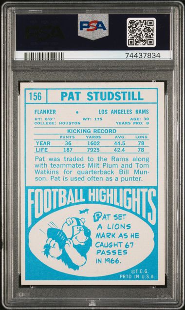 Graded 1968 Topps Pat Studstill #156 Football Card PSA 7 Near Mint - Image 2